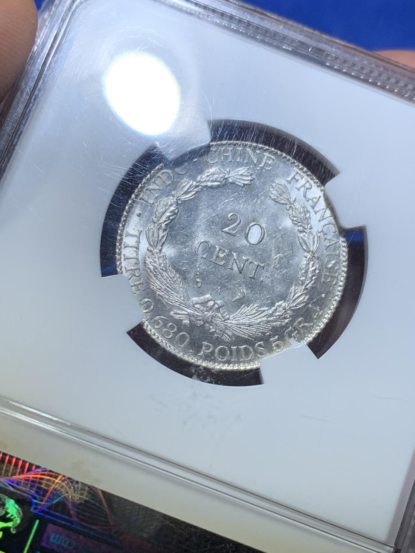 《竞宝斋》第277场- 周日，周一 2场连拍 （全场包邮） NGC MS63 法属印度支那1921年20分银币 BU车轮光 稀有年份 不是常见的年份 老盒低评