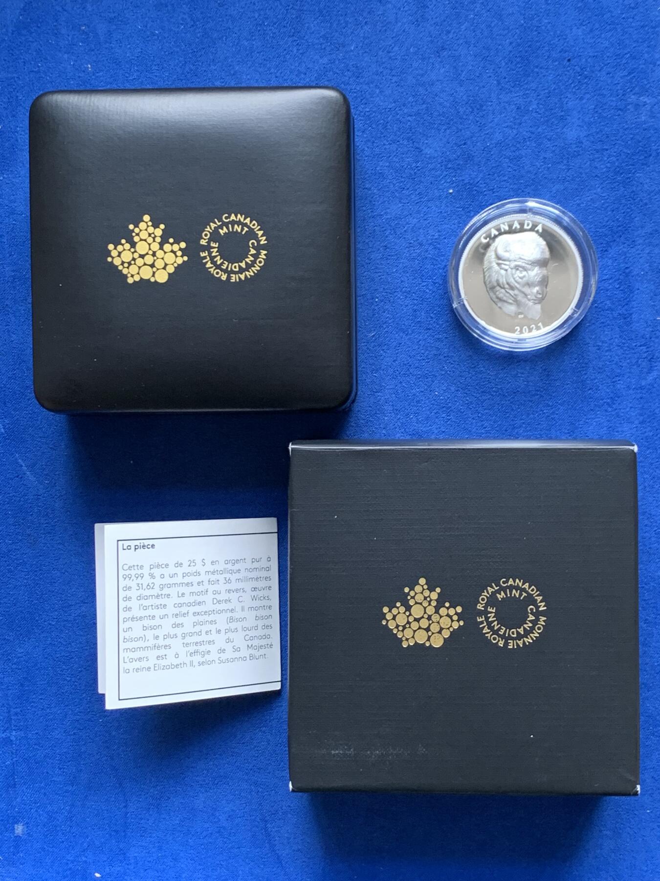 《竞宝斋》第277场- 周日，周一 2场连拍 （全场包邮） 加拿大2021年野生动物系列北美野牛25加元精制银币 超高浮雕 限量5000枚 市价1200+ 礼盒装 1盎司 999银 36mm