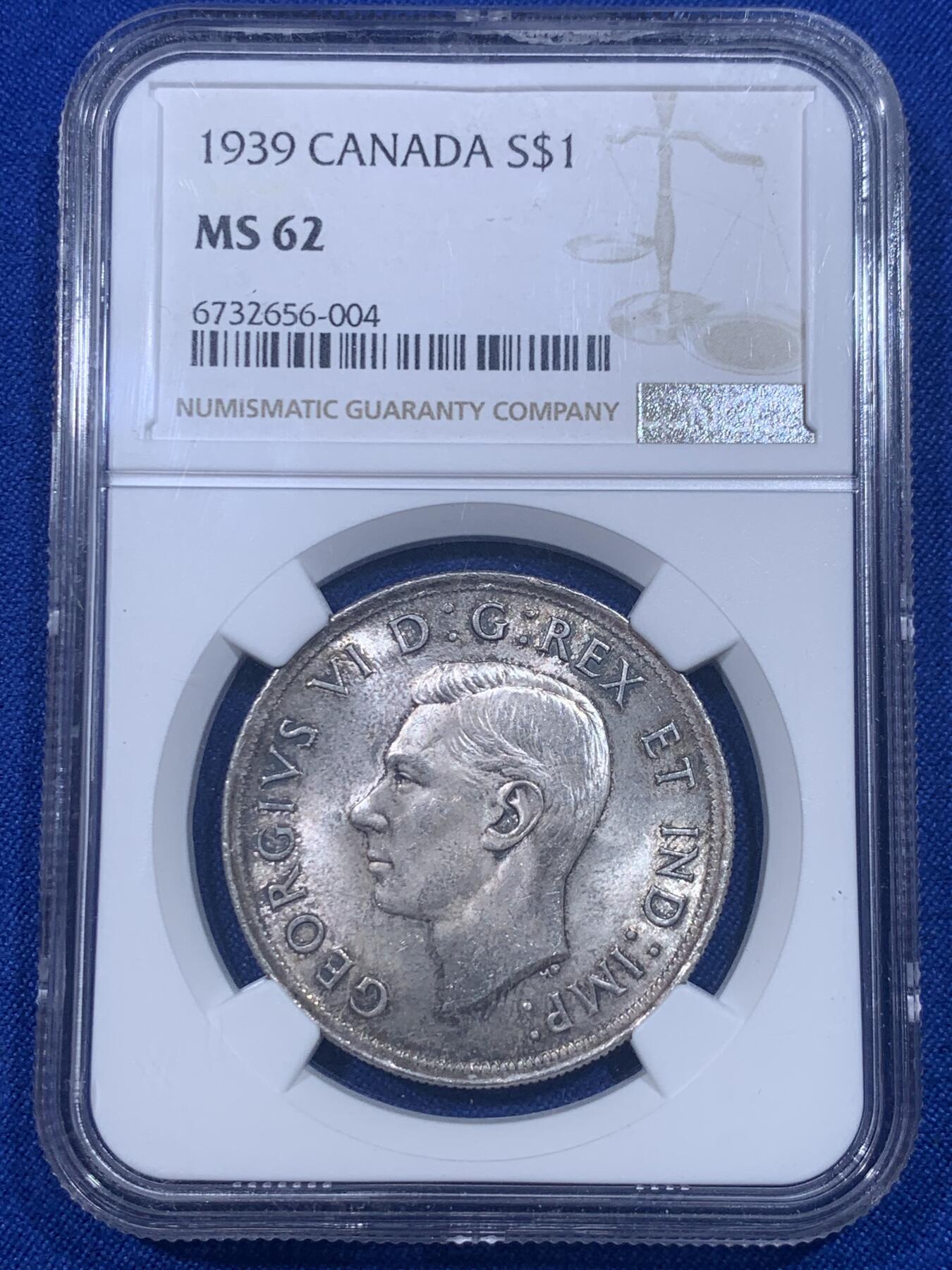 《竞宝斋》第277场- 周日，周一 2场连拍 （全场包邮） NGC MS62 加拿大1939年乔治六世1元银币