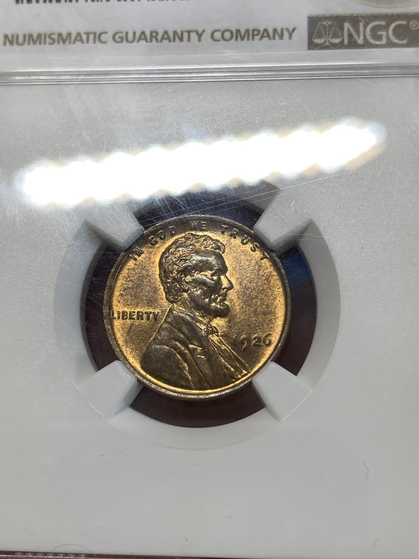 《竞宝斋》第277场- 周日，周一 2场连拍 （全场包邮） NGC MS63RB 1926美国无厂标麦穗1分 铜光自然 细节好 早期的麦穗好品的现在已经非常少了