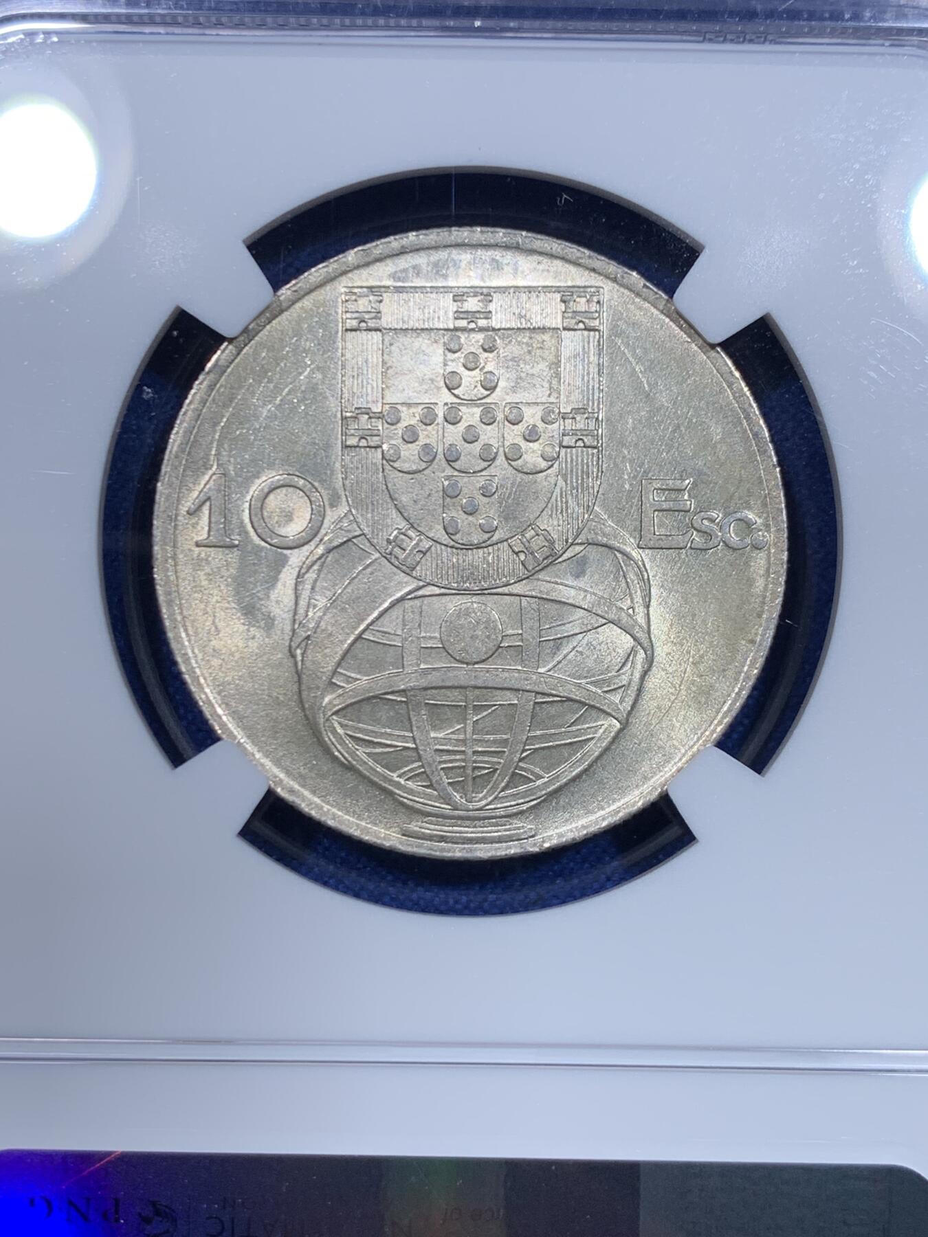 《竞宝斋》第277场- 周日，周一 2场连拍 （全场包邮） NGC MS64 葡萄牙1955年大帆船10埃斯库多银币