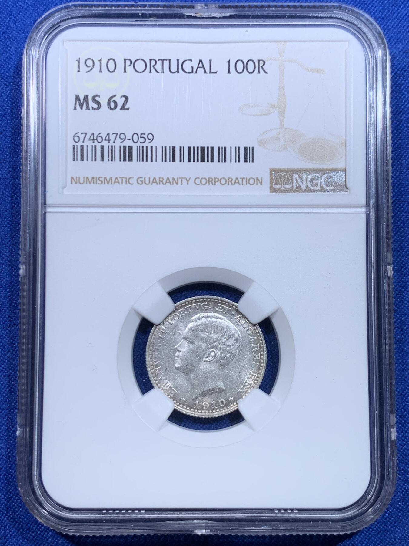 《竞宝斋》第277场- 周日，周一 2场连拍 （全场包邮） NGC MS62 葡萄牙1910年曼努埃尔二世100瑞斯银币