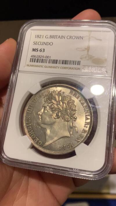 《竞宝斋》第277场- 周日，周一 2场连拍 （全场包邮） NGC MS63 英国1821年SECUNDO版乔四马剑克朗 完美PL镜面底板 背面紫金包浆