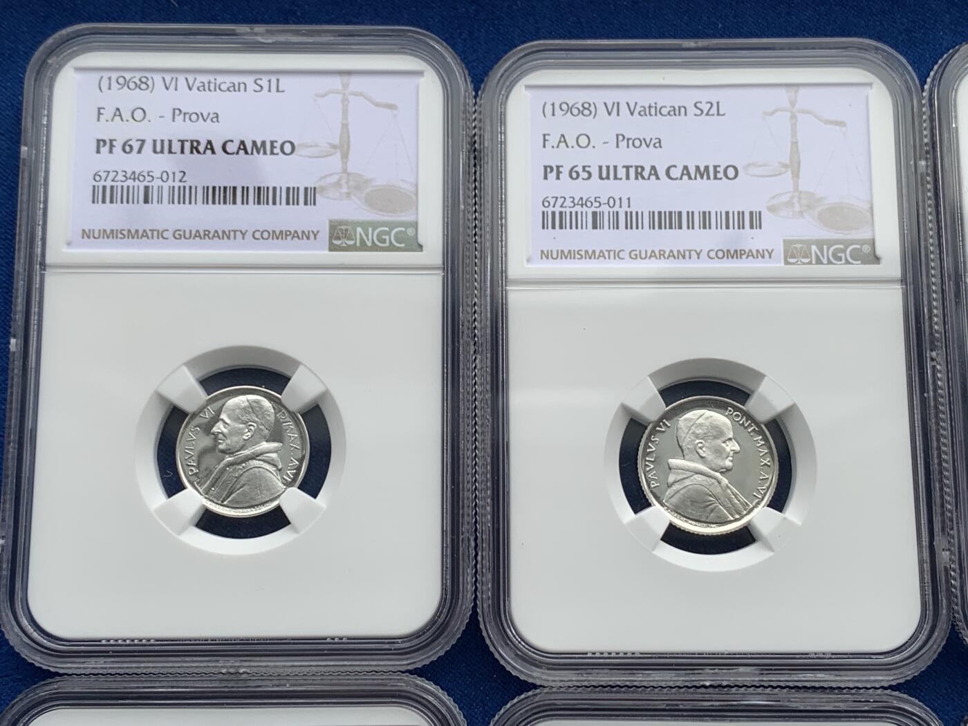 《竞宝斋》第277场- 周日，周一 2场连拍 （全场包邮） NGC PF65-67UC 梵蒂冈1968PROVA精制银样币 罗马造币厂，克书记载103套，实际难得一见。（2023年8月HA成交一套近似的1959年8枚套PROVA样币，成交价1920美金）。此套8枚全部评为深度镜面UC级，且全套冠军分，极品带原盒（有损）。附赠该样币对应的同年份BU级流通套（主币为银币），市场价值160元，相对少见。