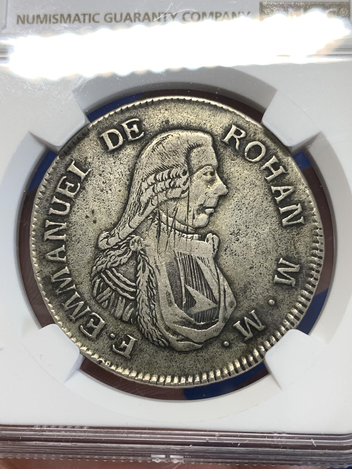 《竞宝斋》第277场- 周日，周一 2场连拍 （全场包邮） NGC XF40 马耳他骑士团1796年 2scuid银币 币面包浆醇厚 历史感十足 很少见的品种