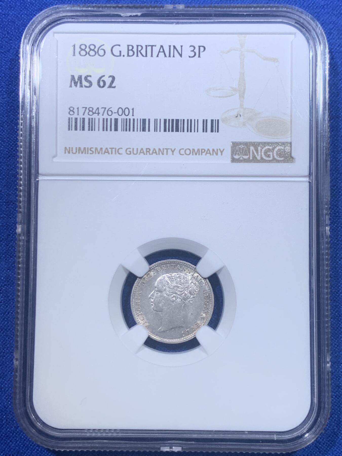 《竞宝斋》第277场- 周日，周一 2场连拍 （全场包邮） NGC MS62 英国1886年维多利亚女王3便士银币 小维头像最后的两年 物美价廉的选择