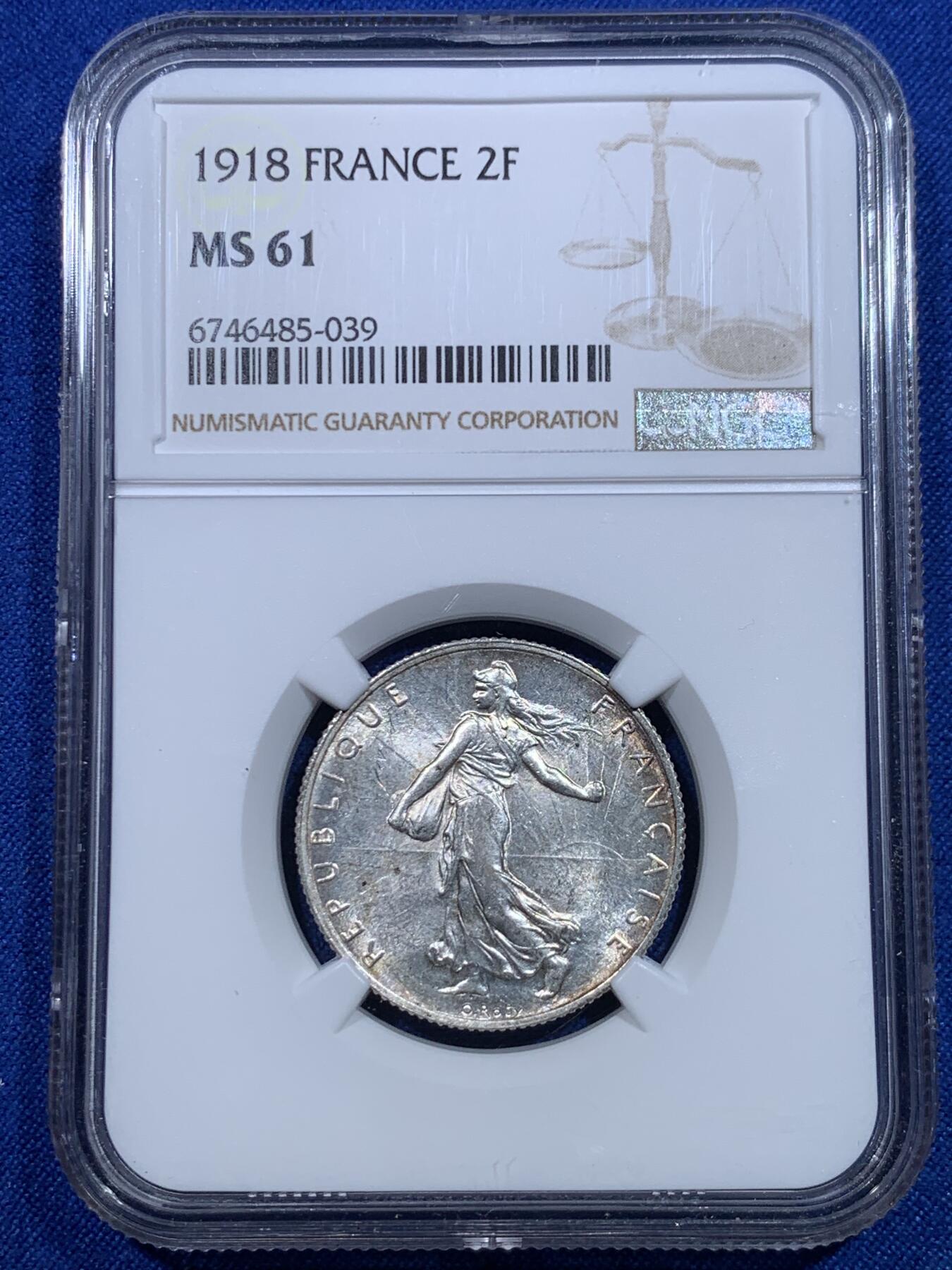 《竞宝斋》第277场- 周日，周一 2场连拍 （全场包邮） NGC MS61 法国1918年播种女神2法郎银币