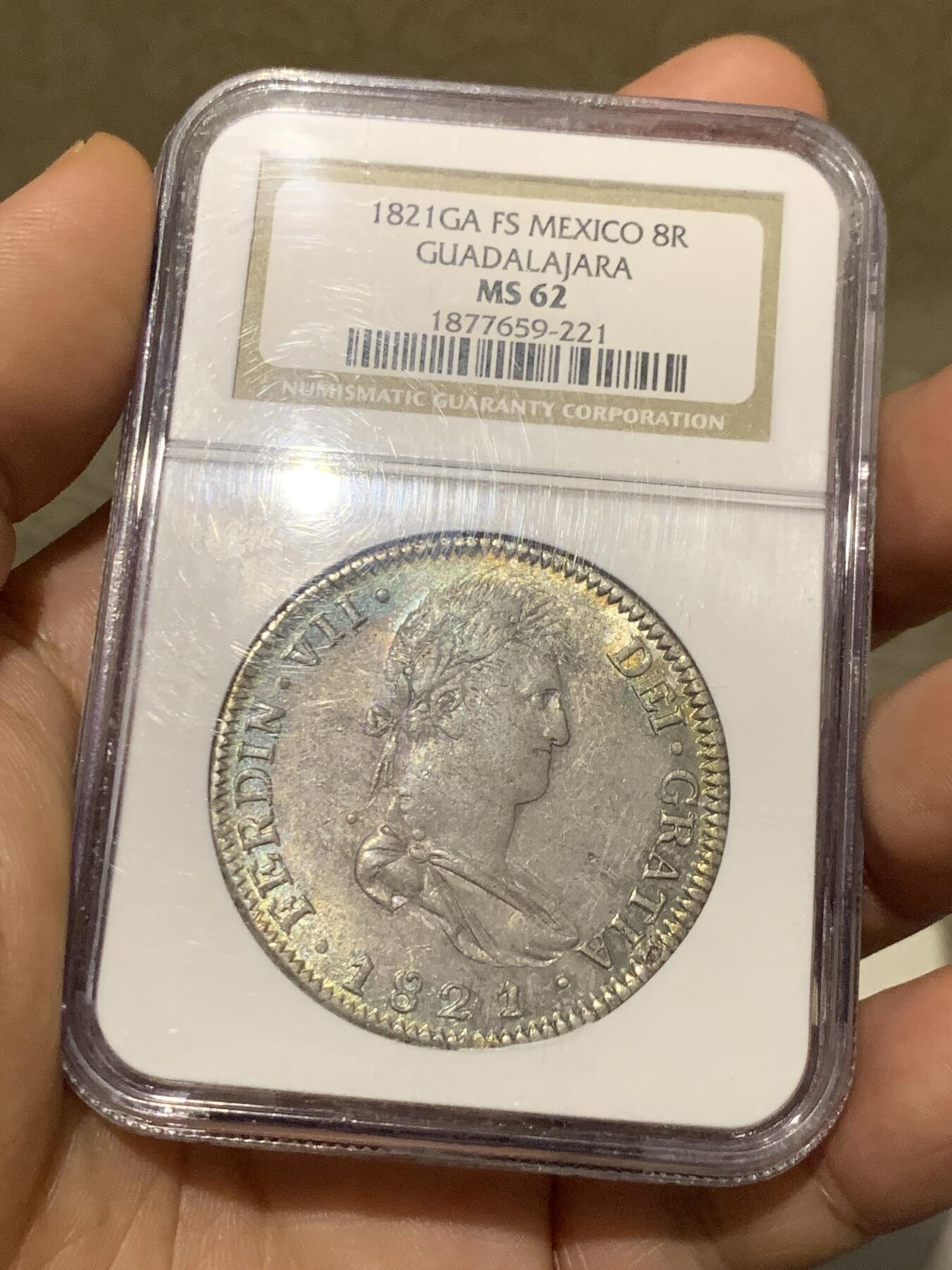 《竞宝斋》第277场- 周日，周一 2场连拍 （全场包邮） NGC MS62 1821年墨西哥内战时期费七8R 内战版好品较少 五彩包浆老盒严评