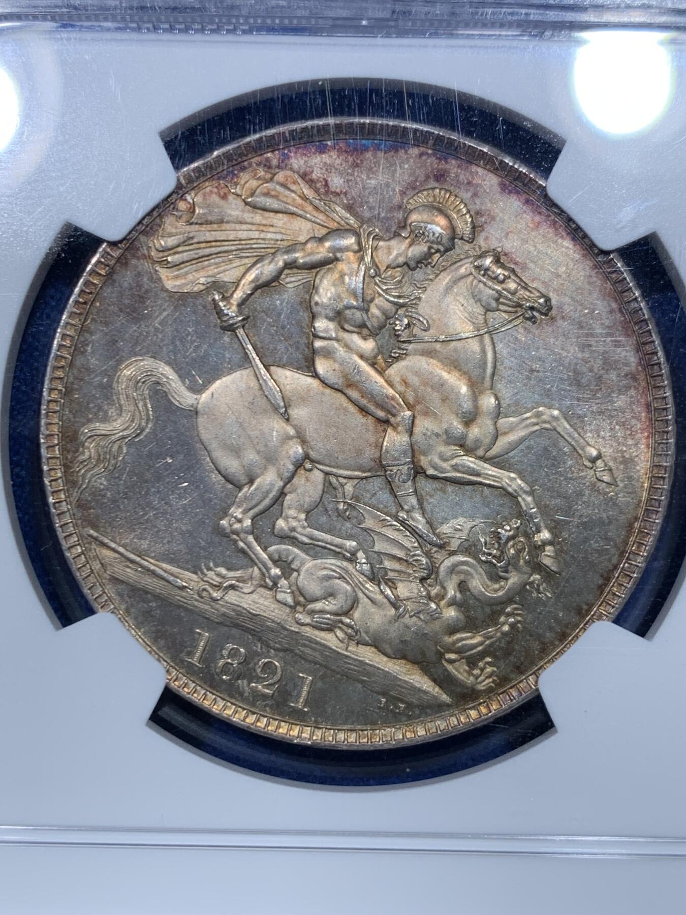 《竞宝斋》第277场- 周日，周一 2场连拍 （全场包邮） NGC MS63 英国1821年SECUNDO版乔四马剑克朗 完美PL镜面底板 背面紫金包浆