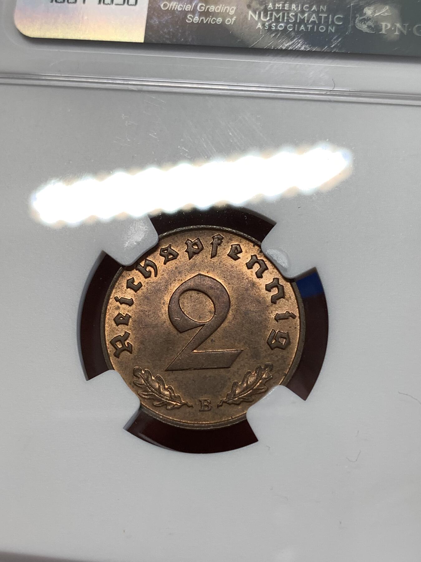 《竞宝斋》第277场- 周日，周一 2场连拍 （全场包邮） NGC MS64RB 1939B德意志第三帝国2芬尼铜币