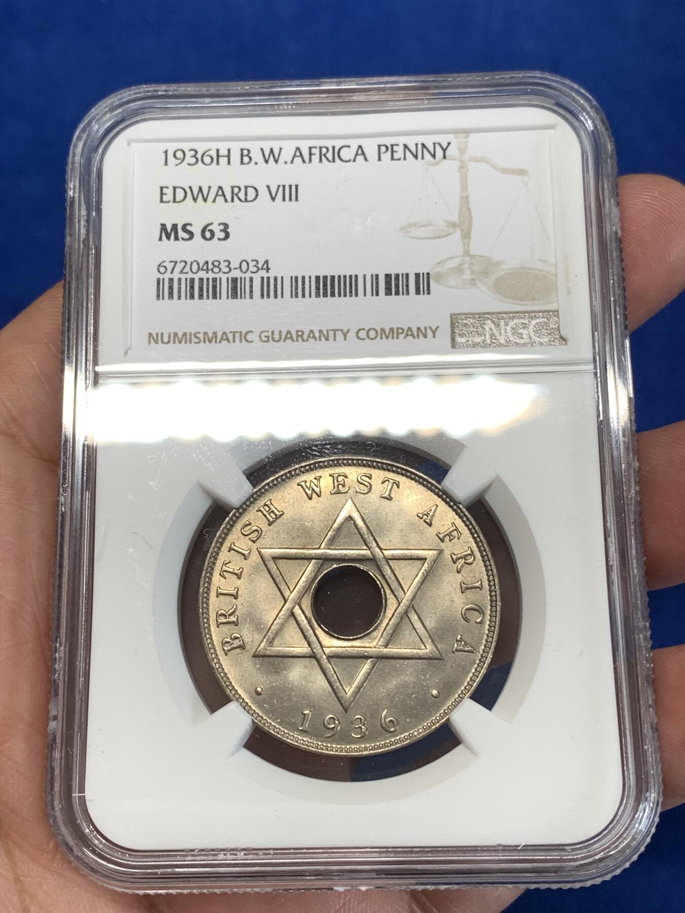《竞宝斋》第277场- 周日，周一 2场连拍 （全场包邮） NGC MS63 1936H 英属东非 1便士 爱德华八世 正反面都有犀利转光 币面很大 严评 品相不错低评了 六芒星图案很有特色