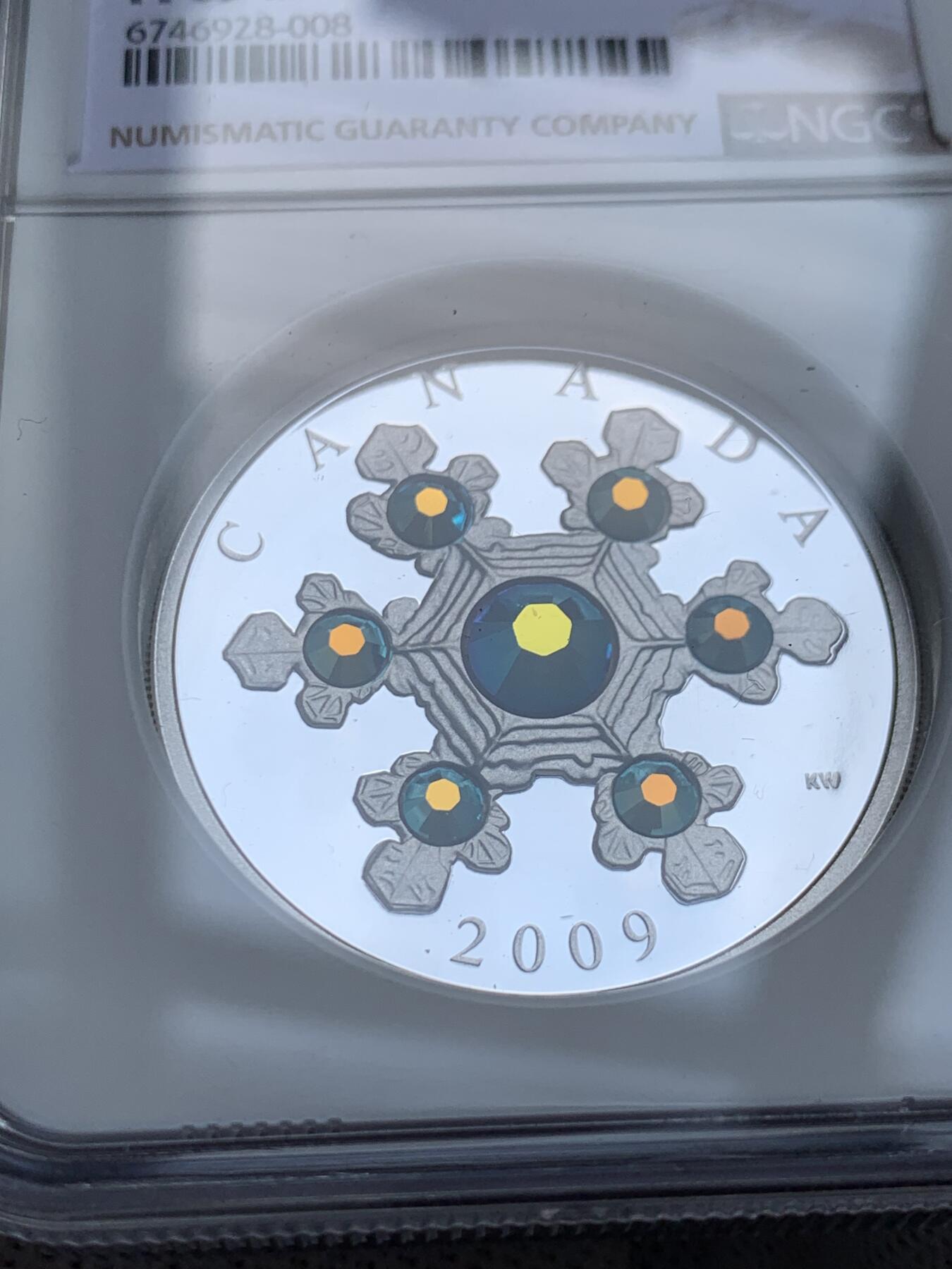 《竞宝斋》第277场- 周日，周一 2场连拍 （全场包邮） NGC PF69UC 加拿大2009年雪花镶嵌币 20加元纪念银币 2011年度克劳斯世界硬币大奖赛之年度最佳银币奖 限量不可多得 带盒 精制币 31.39克 999银 38mm