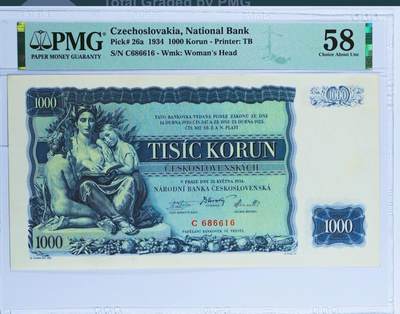 【Blue Auction】✨世界纸币精拍第489期【精】 - 【实钞 倒置靓号 仅2张更高分】捷斯 1934年1000克朗 PMG58 设计精美 大票副