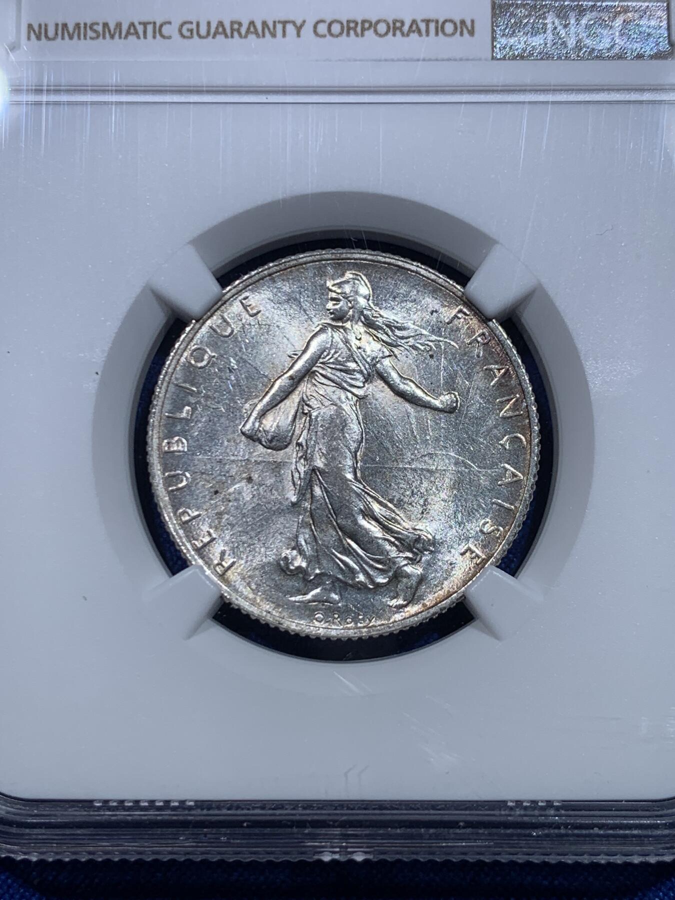 《竞宝斋》第277场- 周日，周一 2场连拍 （全场包邮） NGC MS61 法国1918年播种女神2法郎银币