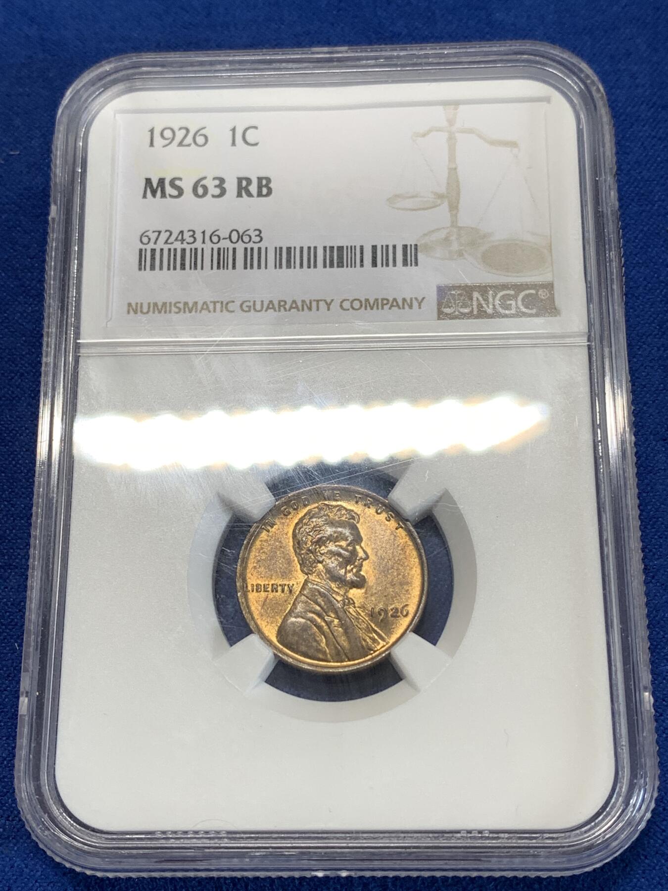《竞宝斋》第277场- 周日，周一 2场连拍 （全场包邮） NGC MS63RB 1926美国无厂标麦穗1分 铜光自然 细节好 早期的麦穗好品的现在已经非常少了