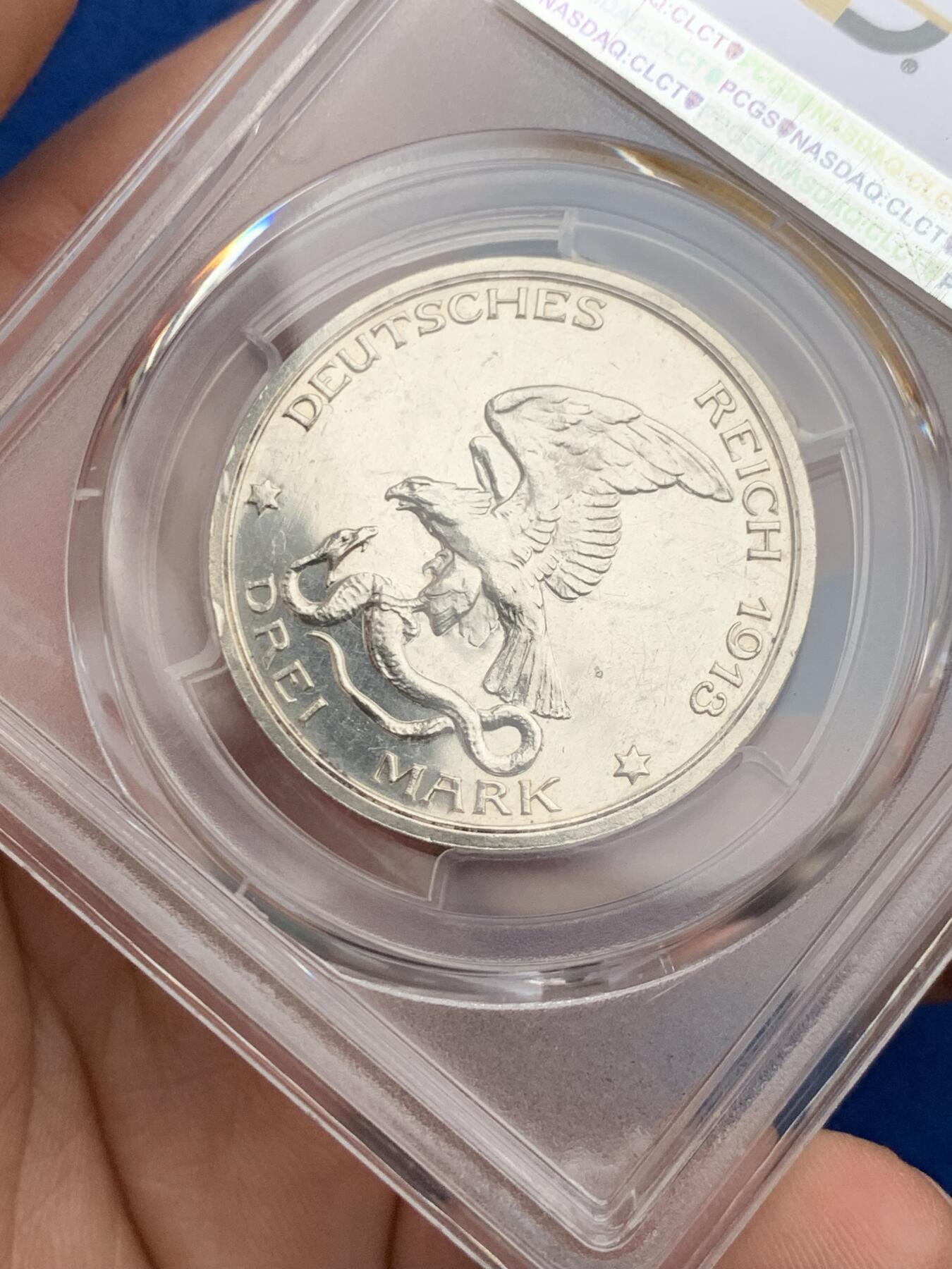 《竞宝斋》第277场- 周日，周一 2场连拍 （全场包邮） PCGS PR62 德国1913年普鲁士战胜拿破仑3马克精制银币