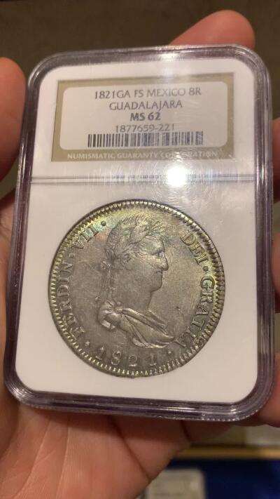 《竞宝斋》第277场- 周日，周一 2场连拍 （全场包邮） NGC MS62 1821年墨西哥内战时期费七8R 内战版好品较少 五彩包浆老盒严评
