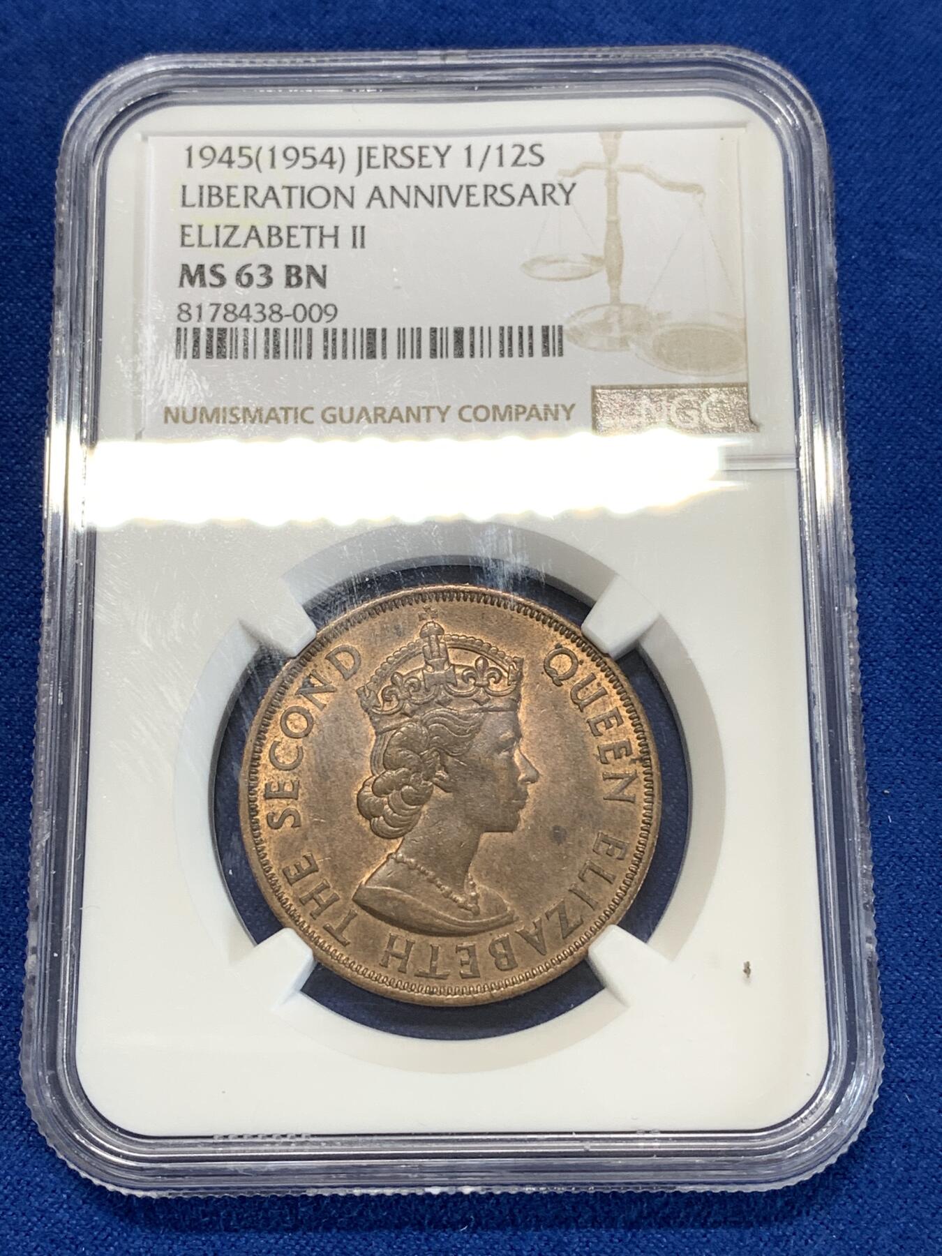 《竞宝斋》第277场- 周日，周一 2场连拍 （全场包邮） NGC MS63BN 英属泽西1945年伊丽莎白二世1/12先令铜币 伊丽莎白二世女王最早年份币 著名骡币