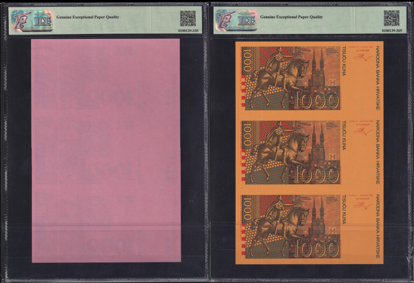 草稿银行第二十一期国外钞票硬币拍卖 克罗地亚1994年1000库纳 捷德代印 三联体 印样 2张 TQG 67