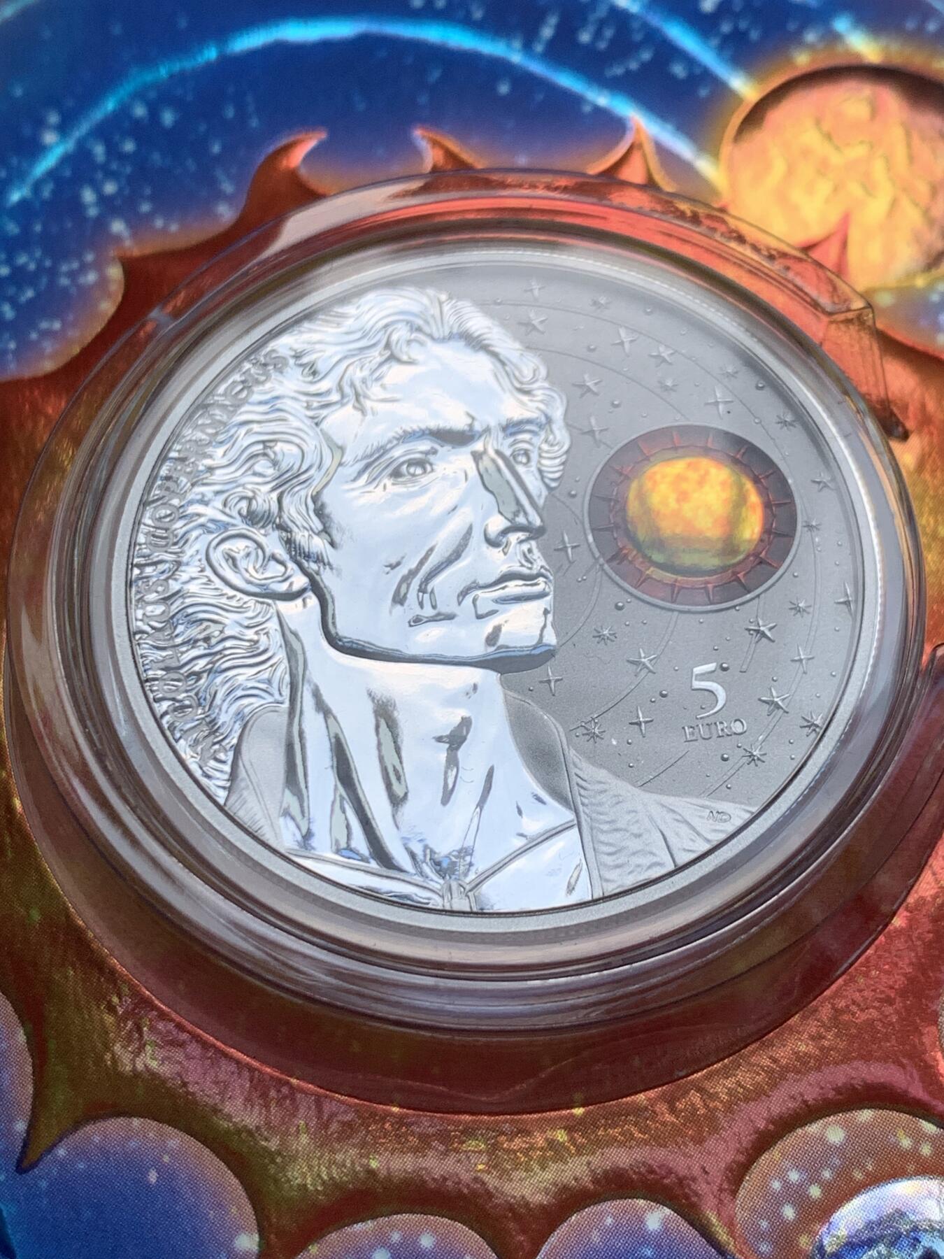 《竞宝斋》第277场- 周日，周一 2场连拍 （全场包邮） 马耳他2023年天文学家哥白尼诞辰550周年5欧彩银币 德国铸币厂代工 限量15000枚 卡册 精制币 1盎司 999银 38.61mm