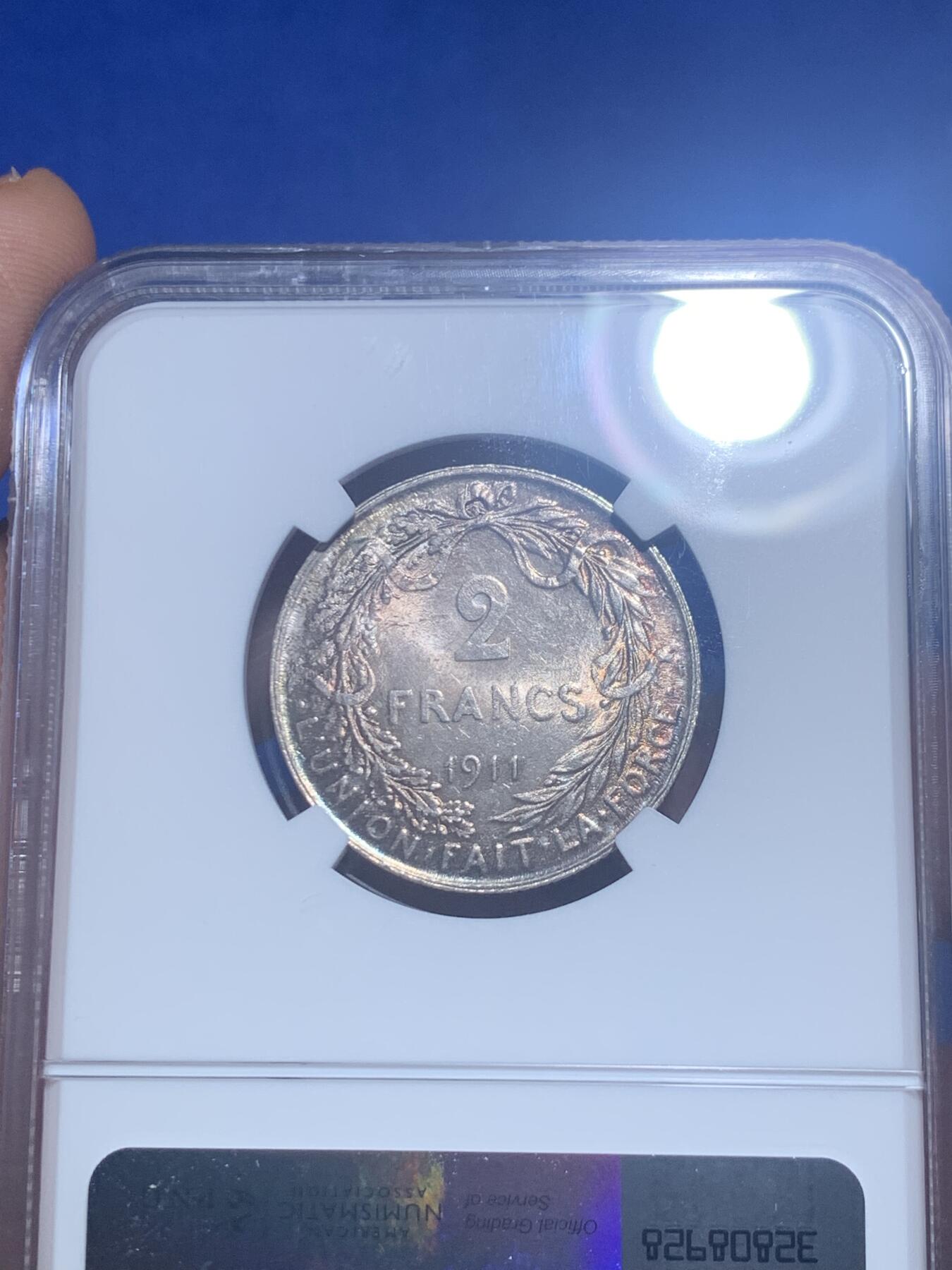 《竞宝斋》第277场- 周日，周一 2场连拍 （全场包邮） NGC MS63 比利时1911年阿尔贝托国王2法郎银币