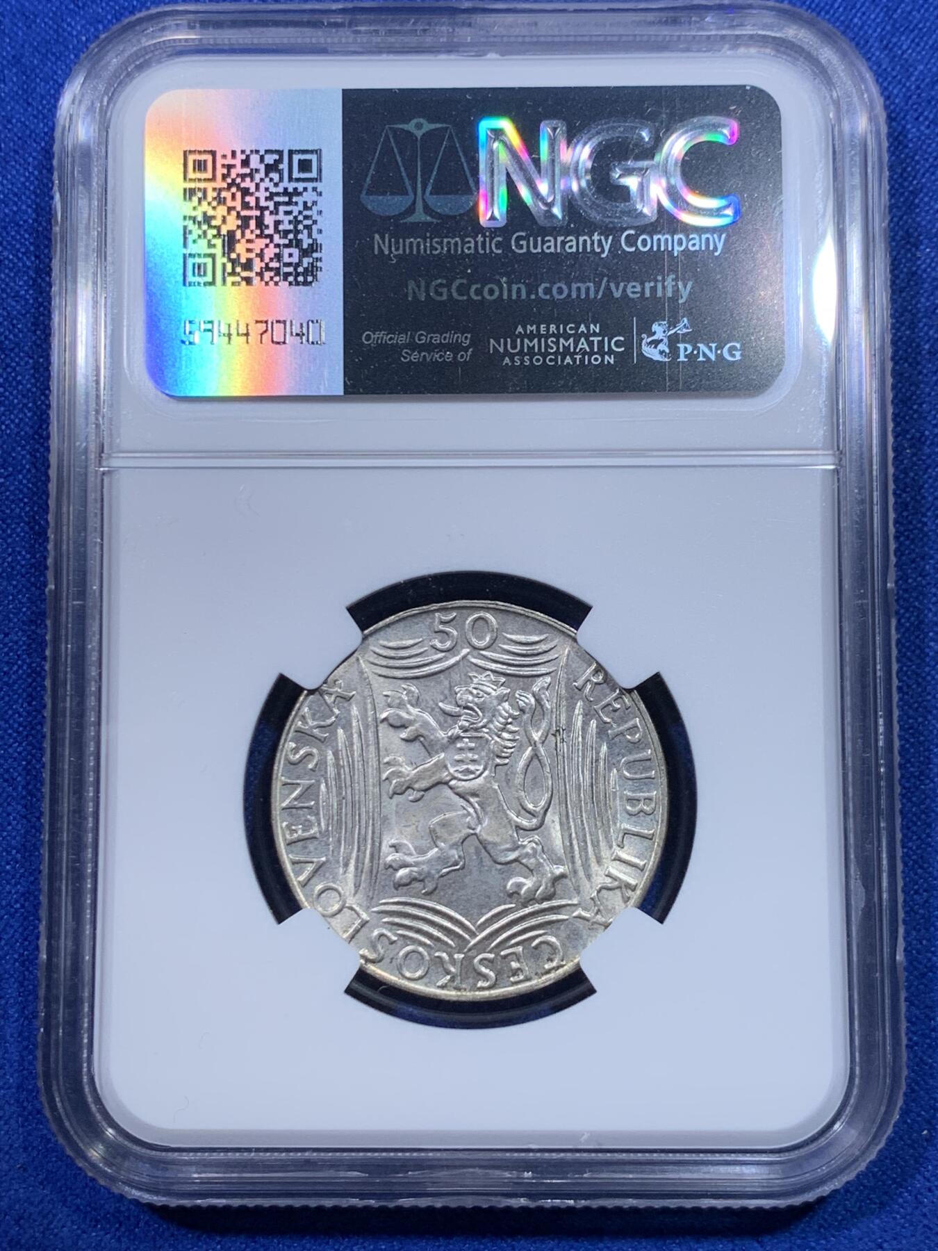 《竞宝斋》第277场- 周日，周一 2场连拍 （全场包邮） NGC MS63 捷克斯洛伐克1949斯大林50克朗银币