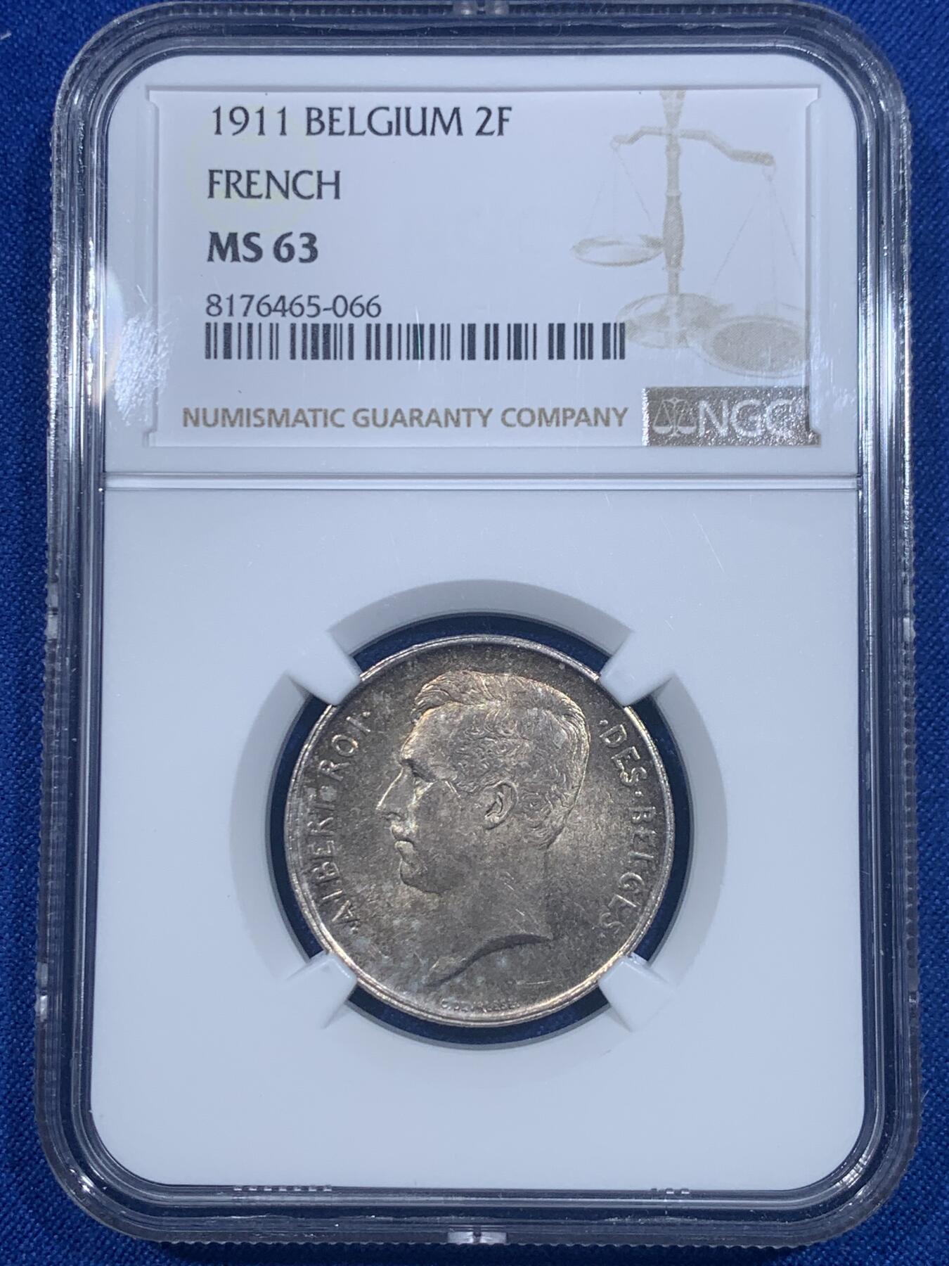《竞宝斋》第277场- 周日，周一 2场连拍 （全场包邮） NGC MS63 比利时1911年阿尔贝托国王2法郎银币