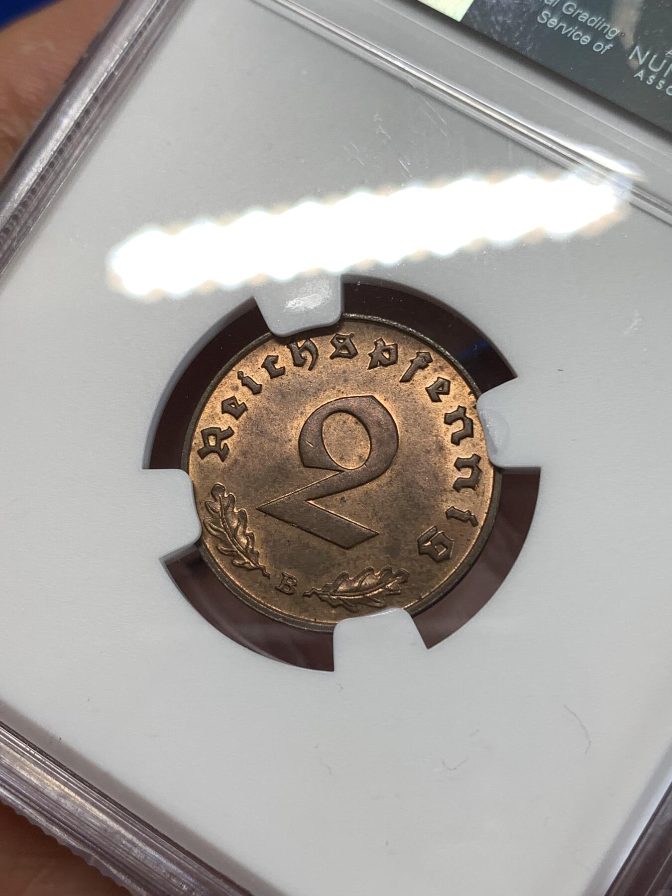 《竞宝斋》第277场- 周日，周一 2场连拍 （全场包邮） NGC MS64RB 1939B德意志第三帝国2芬尼铜币