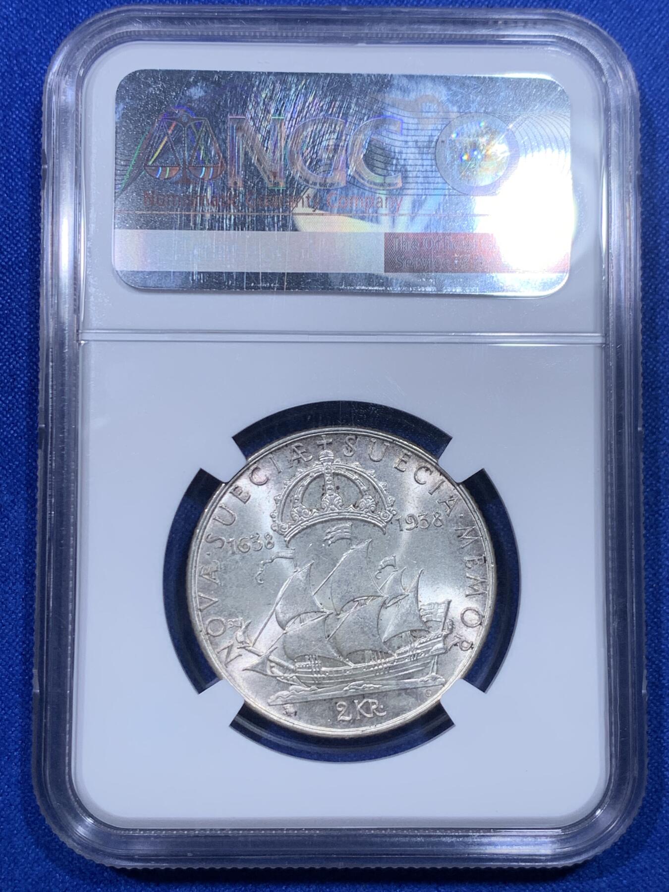 《竞宝斋》第277场- 周日，周一 2场连拍 （全场包邮） NGC MS63 瑞典1938年三百周年纪念2克朗银币