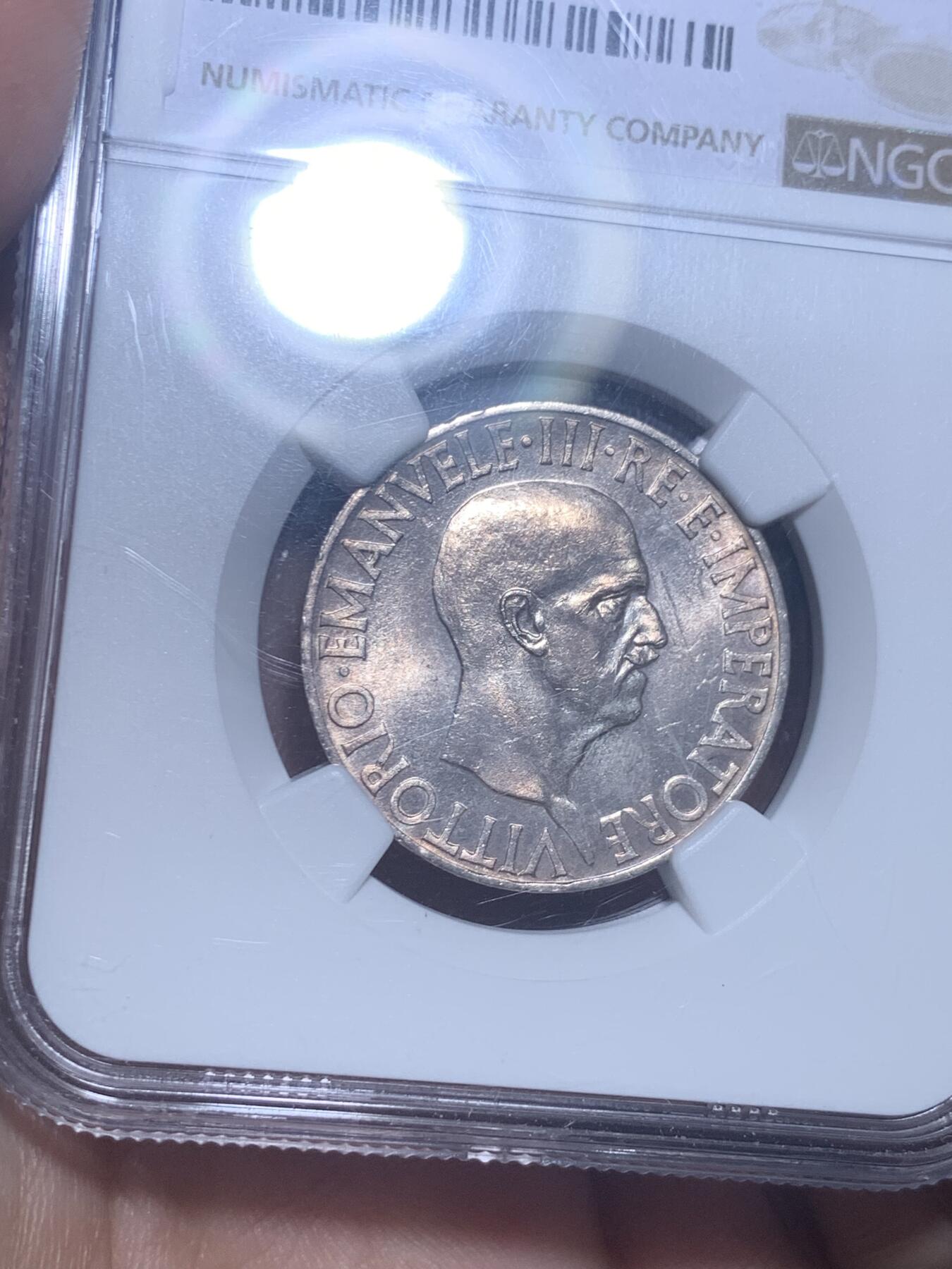 《竞宝斋》第277场- 周日，周一 2场连拍 （全场包邮） NGC MS62 意大利1936年10里拉银币 状态不错 低评