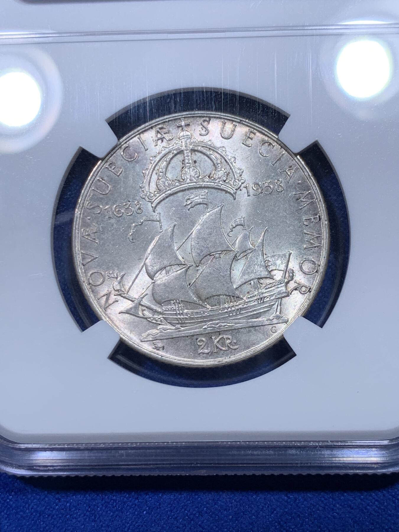 《竞宝斋》第277场- 周日，周一 2场连拍 （全场包邮） NGC MS63 瑞典1938年三百周年纪念2克朗银币