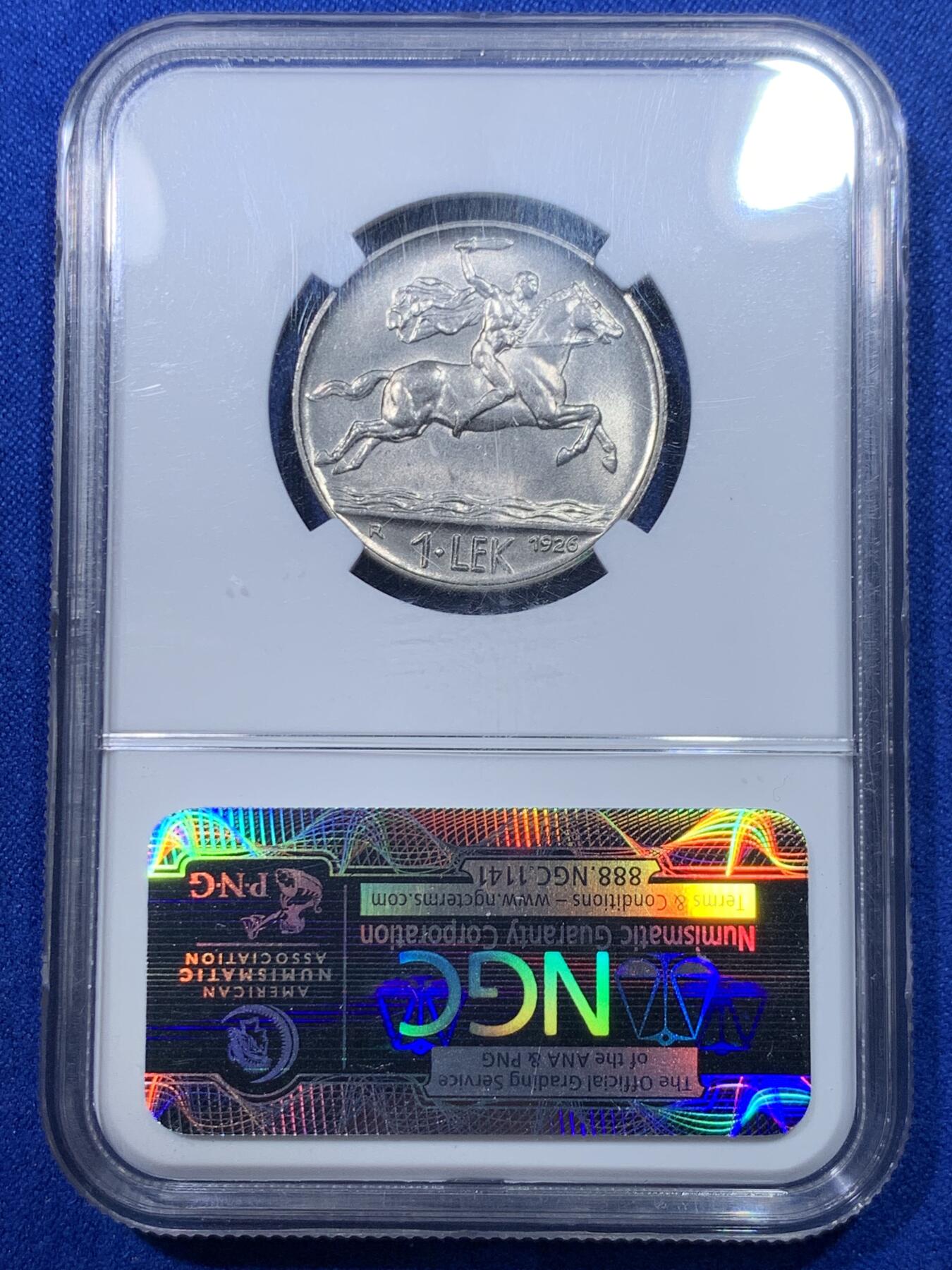 《竞宝斋》第277场- 周日，周一 2场连拍 （全场包邮） NGC MS65 阿尔巴尼亚1926年1列克镍币 顶级高分转光 少见品种