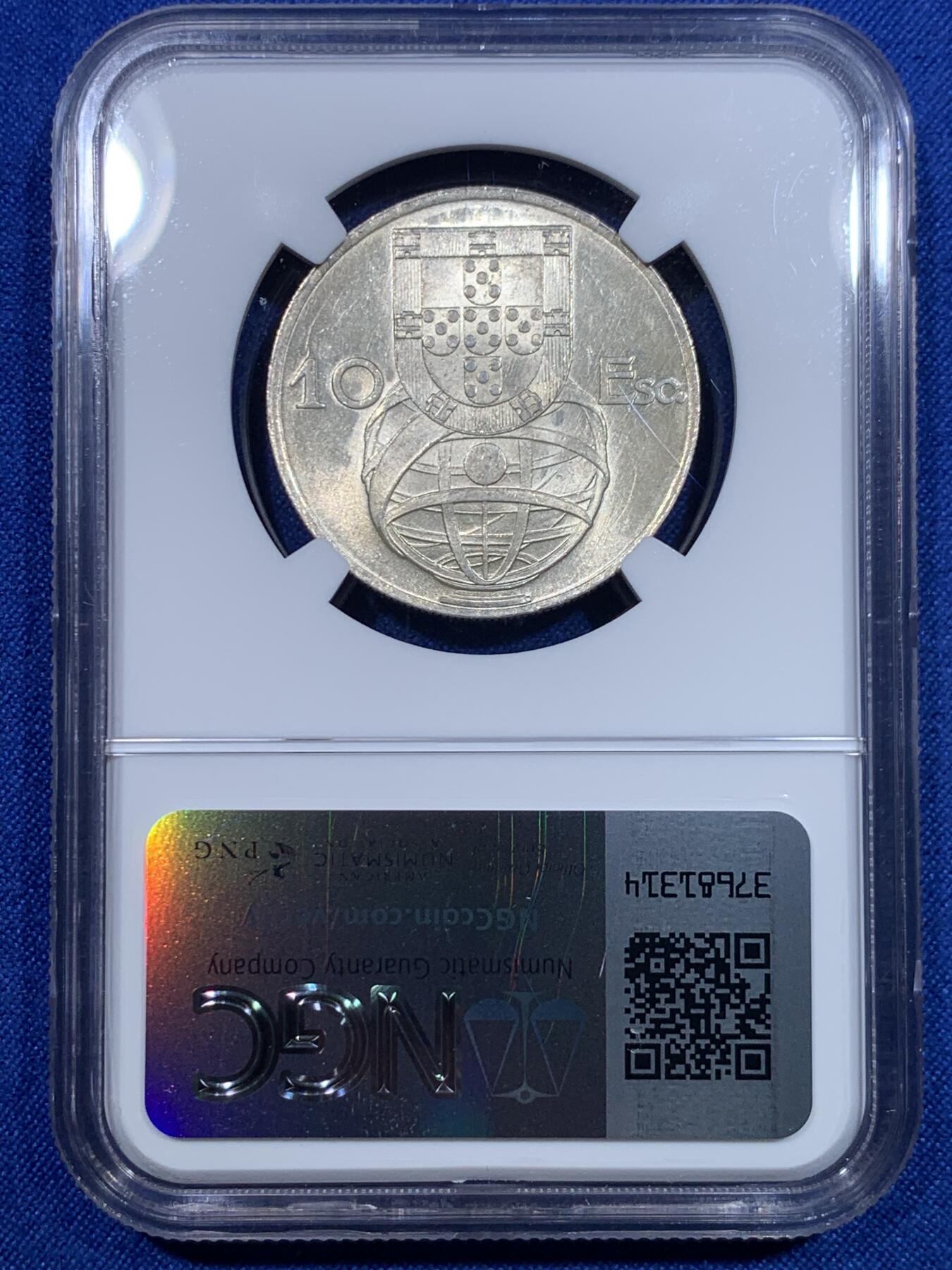 《竞宝斋》第277场- 周日，周一 2场连拍 （全场包邮） NGC MS64 葡萄牙1955年大帆船10埃斯库多银币