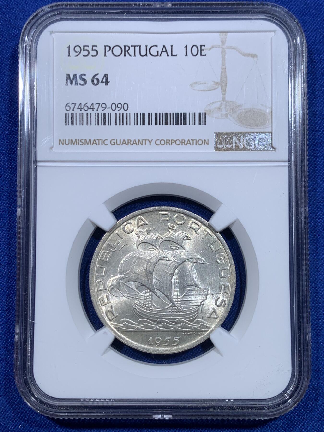 《竞宝斋》第277场- 周日，周一 2场连拍 （全场包邮） NGC MS64 葡萄牙1955年大帆船10埃斯库多银币