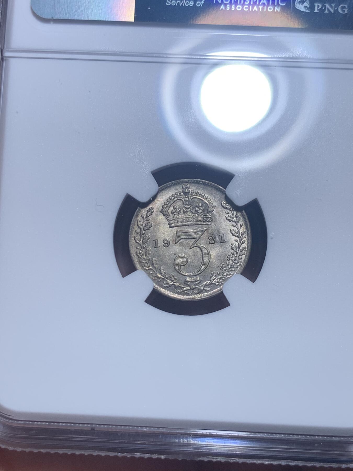 《竞宝斋》第277场- 周日，周一 2场连拍 （全场包邮） NGC MS65 英国1921年乔治五世3便士银币 亚军分 流通银币中的最小面值，作为日常流通中不可或缺的找零，保留着102年前刚从造币厂产出的品质，非常难得。