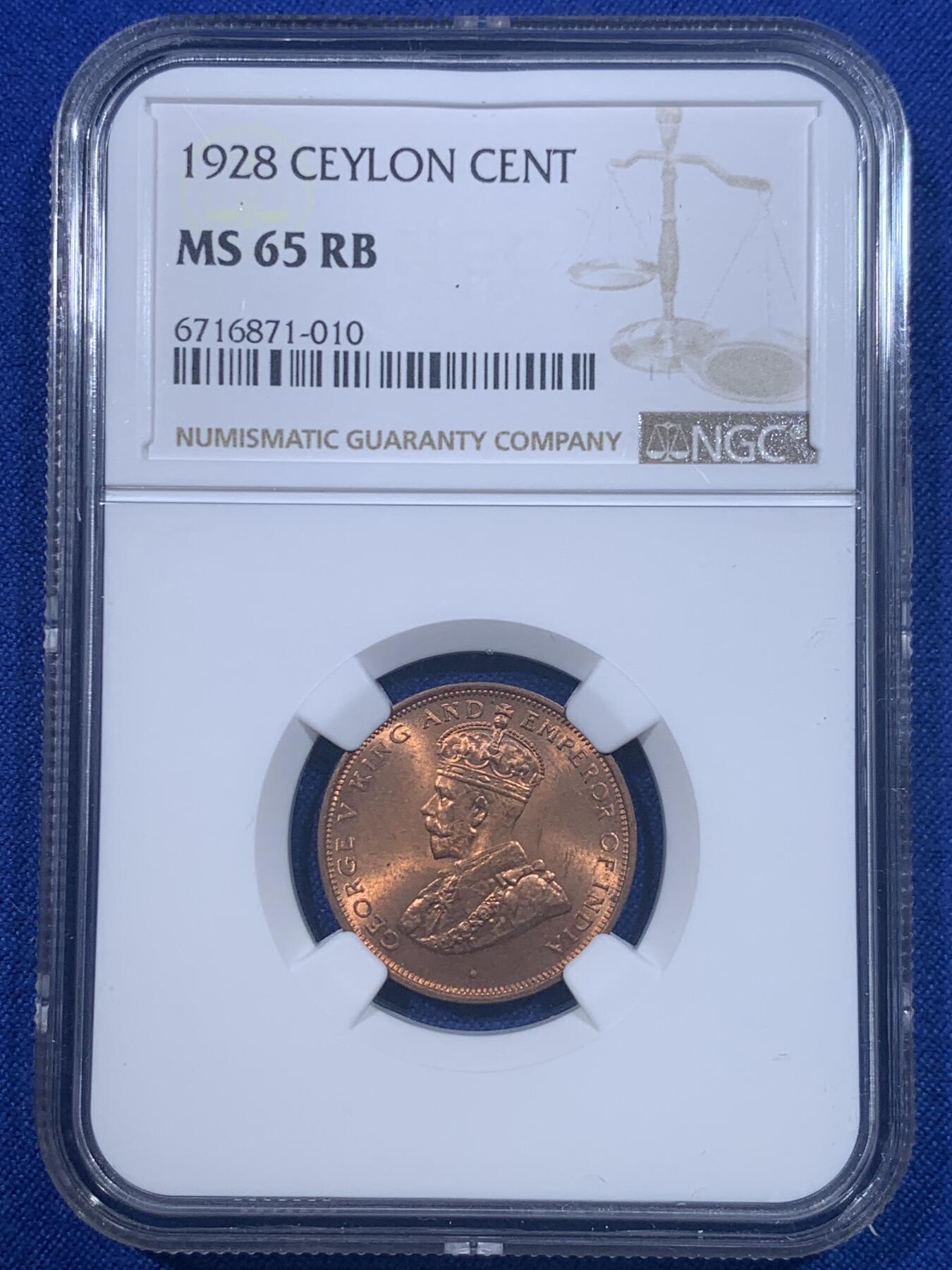 《竞宝斋》第277场- 周日，周一 2场连拍 （全场包邮） NGC MS65RB 英属锡兰1928年乔治五世1分铜币 冠军分