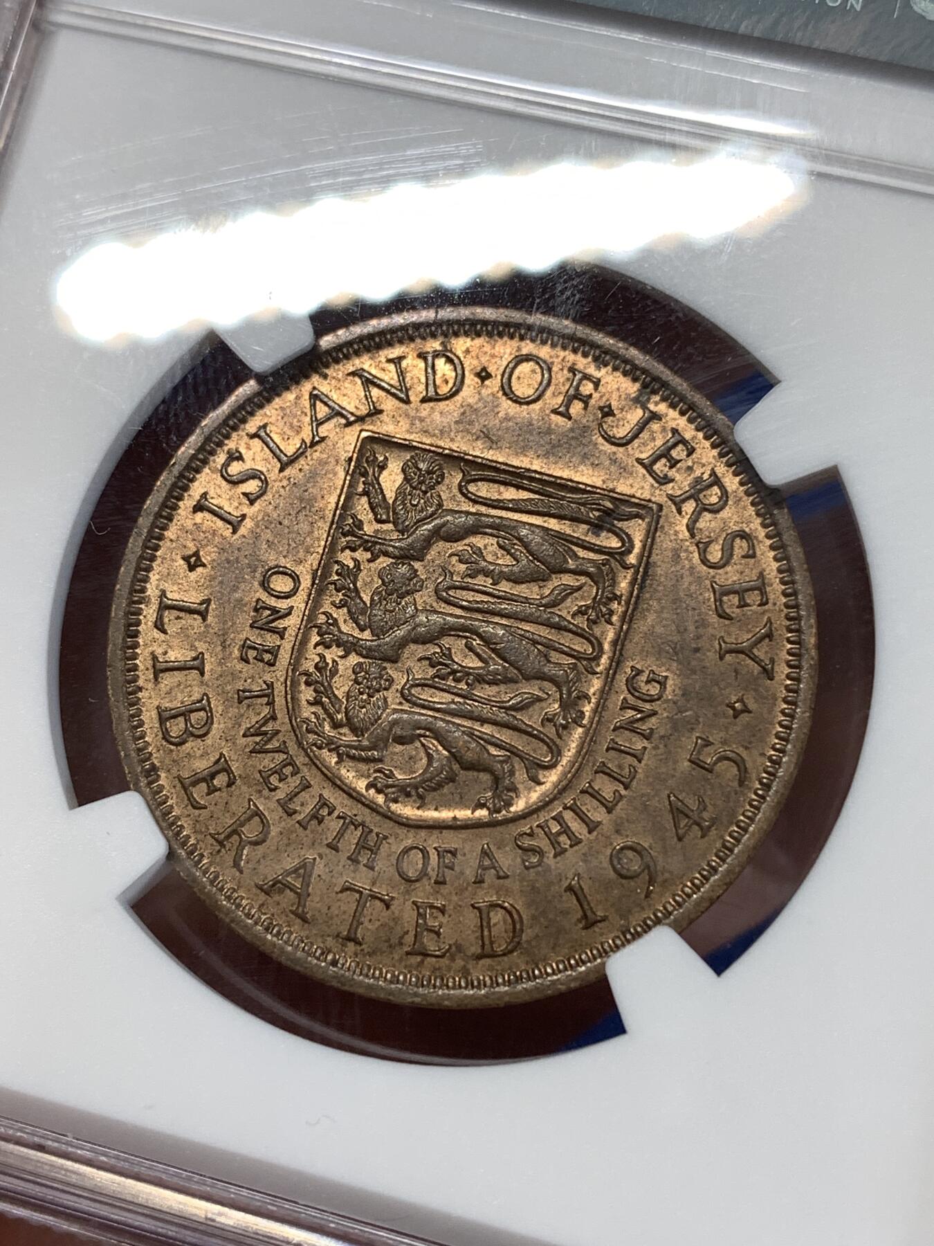 《竞宝斋》第277场- 周日，周一 2场连拍 （全场包邮） NGC MS63BN 英属泽西1945年伊丽莎白二世1/12先令铜币 伊丽莎白二世女王最早年份币 著名骡币