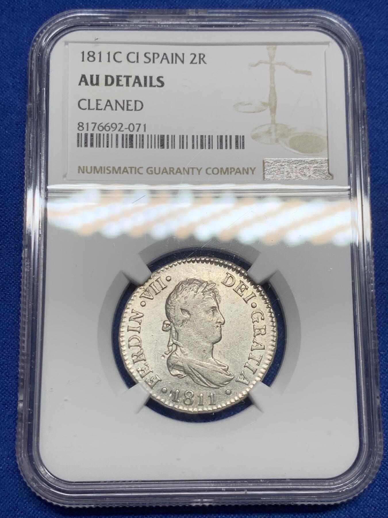 《竞宝斋》第277场- 周日，周一 2场连拍 （全场包邮） NGC AUD 西班牙1811斐迪南七世2雷亚尔银币