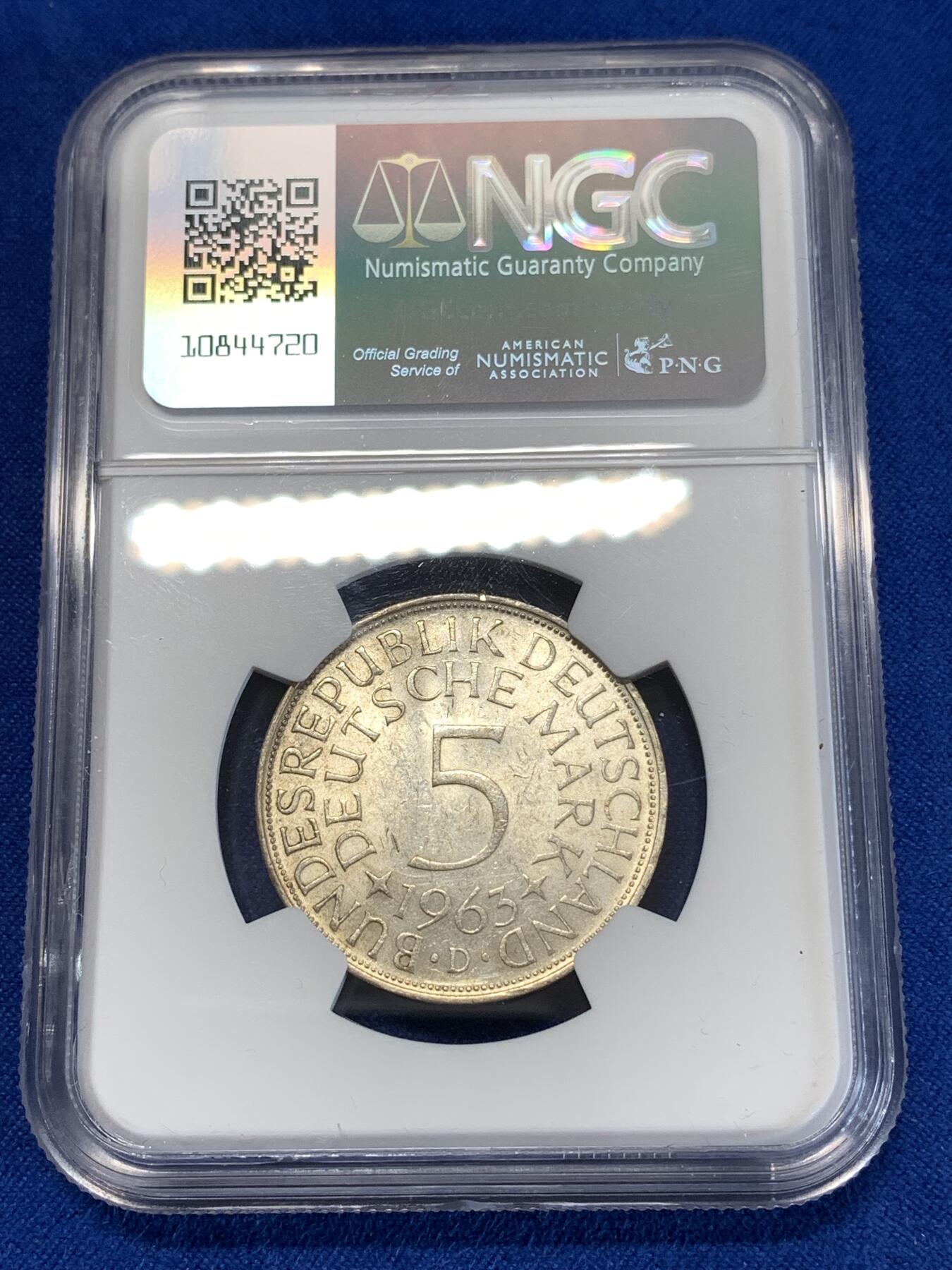 《竞宝斋》第277场- 周日，周一 2场连拍 （全场包邮） NGC MS61 德国1963年5马克银币 经典德国鹰设计