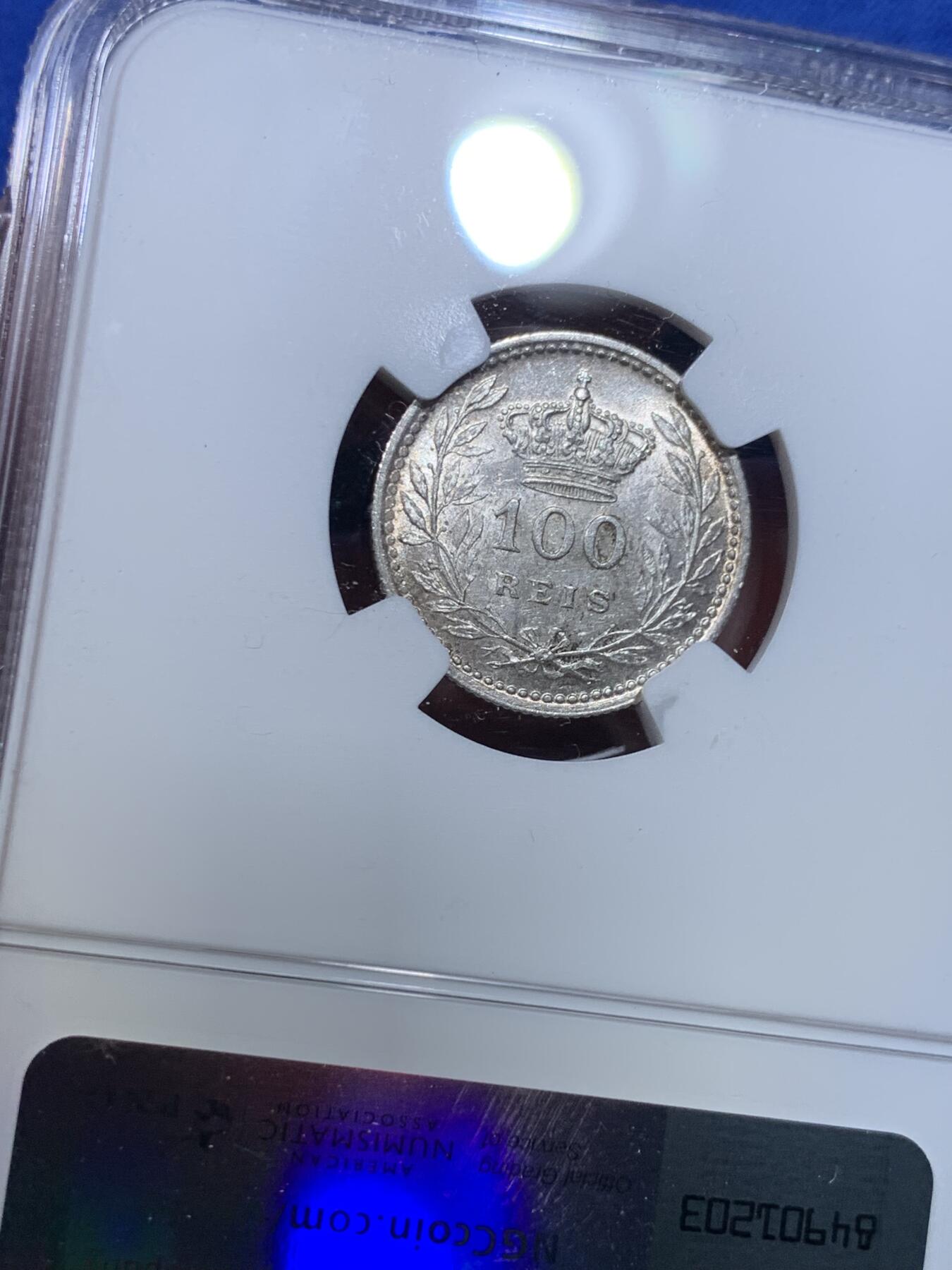 《竞宝斋》第277场- 周日，周一 2场连拍 （全场包邮） NGC MS62 葡萄牙1910年曼努埃尔二世100瑞斯银币