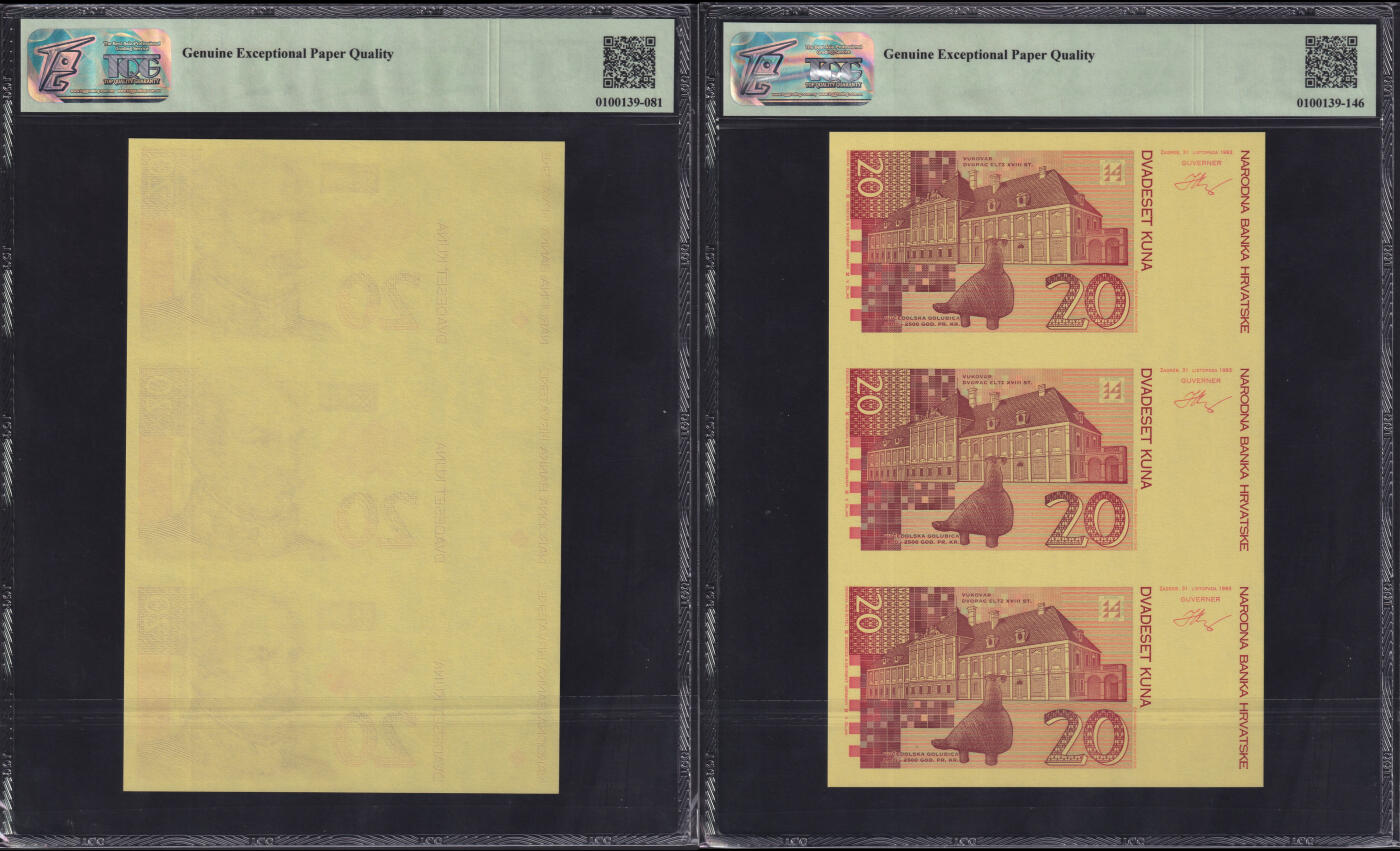 草稿银行第二十一期国外钞票硬币拍卖 克罗地亚1994年20库纳 捷德代印 三联体 印样 2张 TQG 68 69