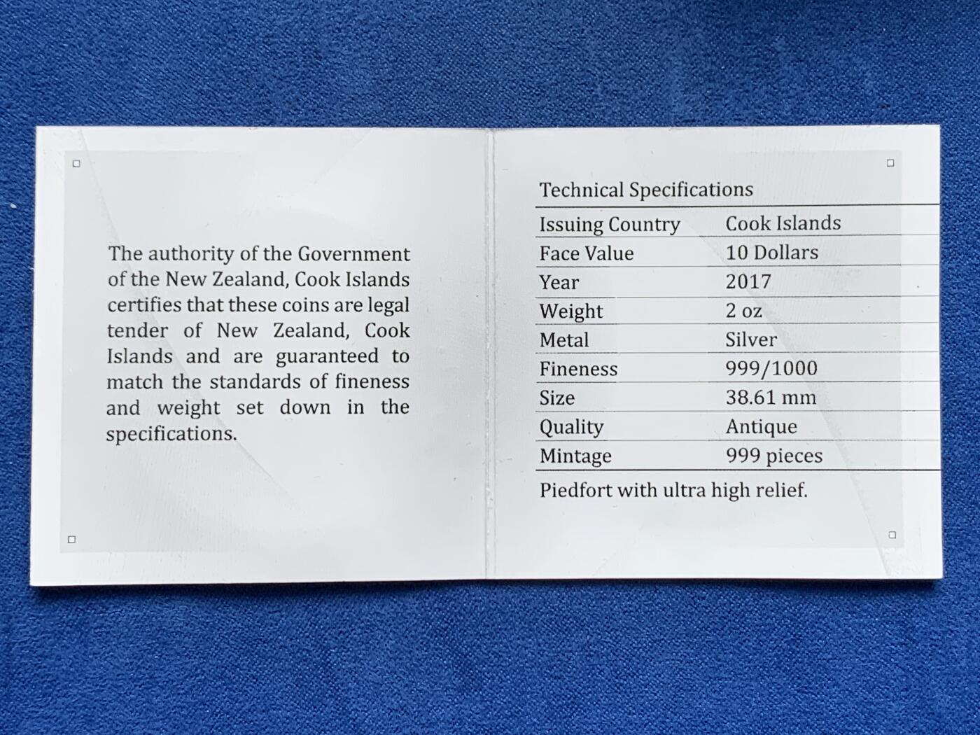 《竞宝斋》第277场- 周日，周一 2场连拍 （全场包邮） 库克2017年北欧神话系列雷神之锤仿古银币 黑化高浮雕工艺 限量999枚 盒证齐全 精制币 2盎司 999银 38.61mm 62.2克