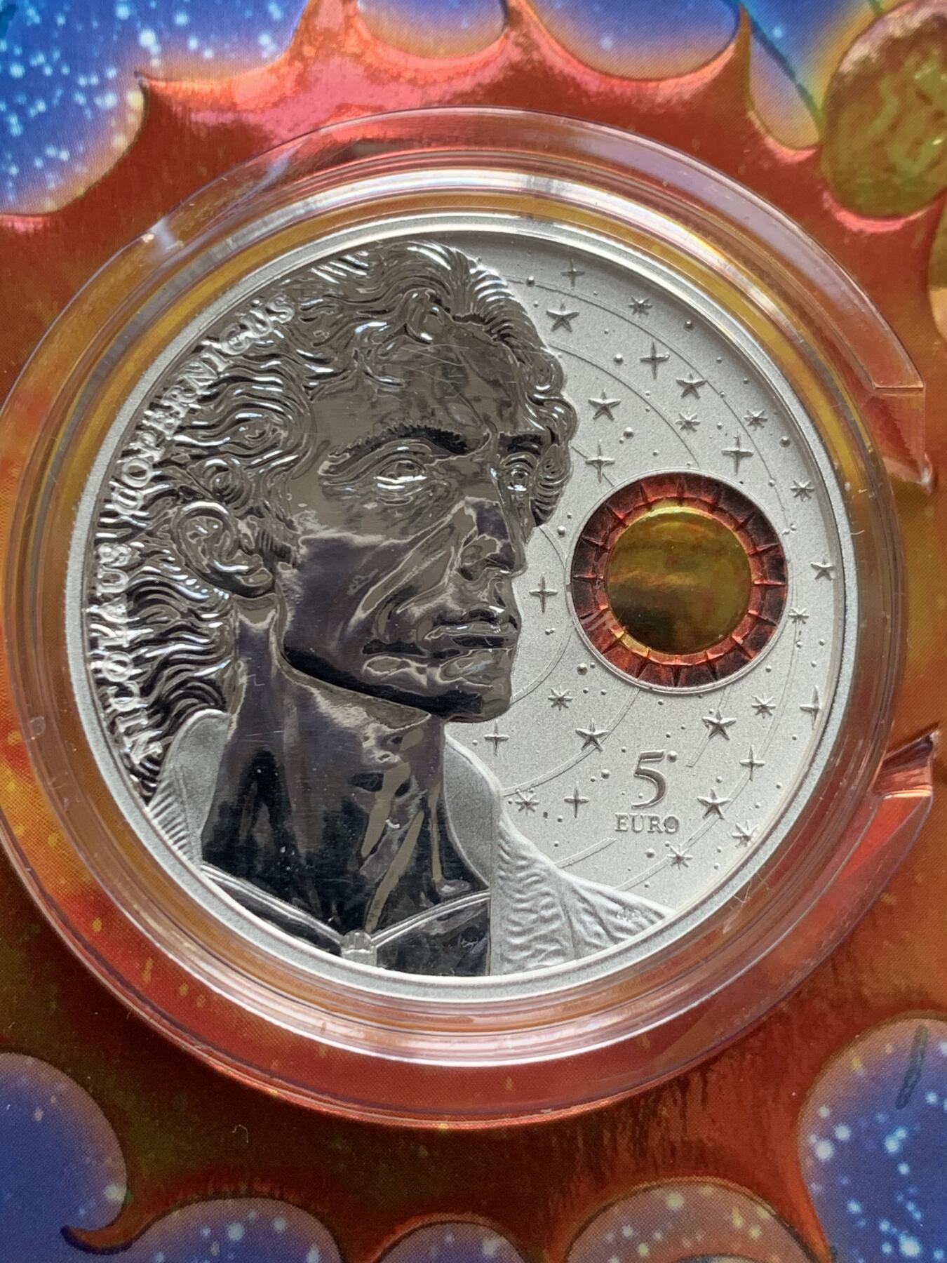 《竞宝斋》第277场- 周日，周一 2场连拍 （全场包邮） 马耳他2023年天文学家哥白尼诞辰550周年5欧彩银币 德国铸币厂代工 限量15000枚 卡册 精制币 1盎司 999银 38.61mm