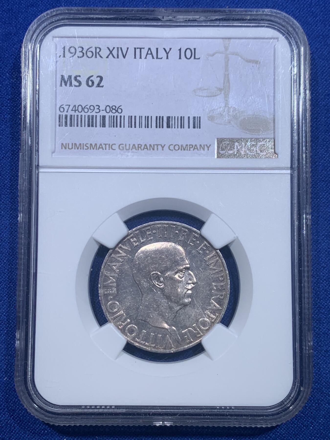 《竞宝斋》第277场- 周日，周一 2场连拍 （全场包邮） NGC MS62 意大利1936年10里拉银币 状态不错 低评