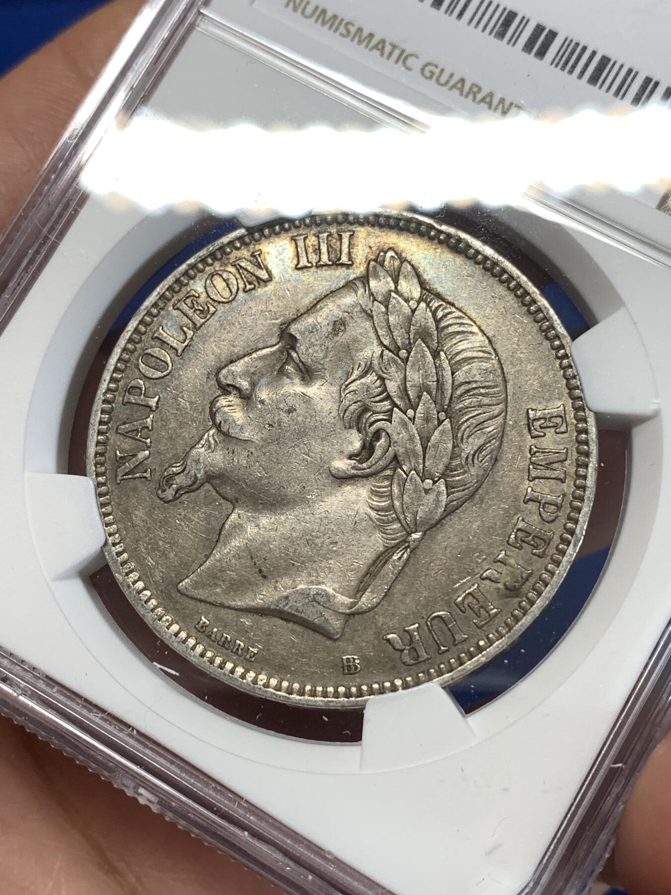 《竞宝斋》第277场- 周日，周一 2场连拍 （全场包邮） NGC XFD 法国1870年拿破仑三世5法郎银币