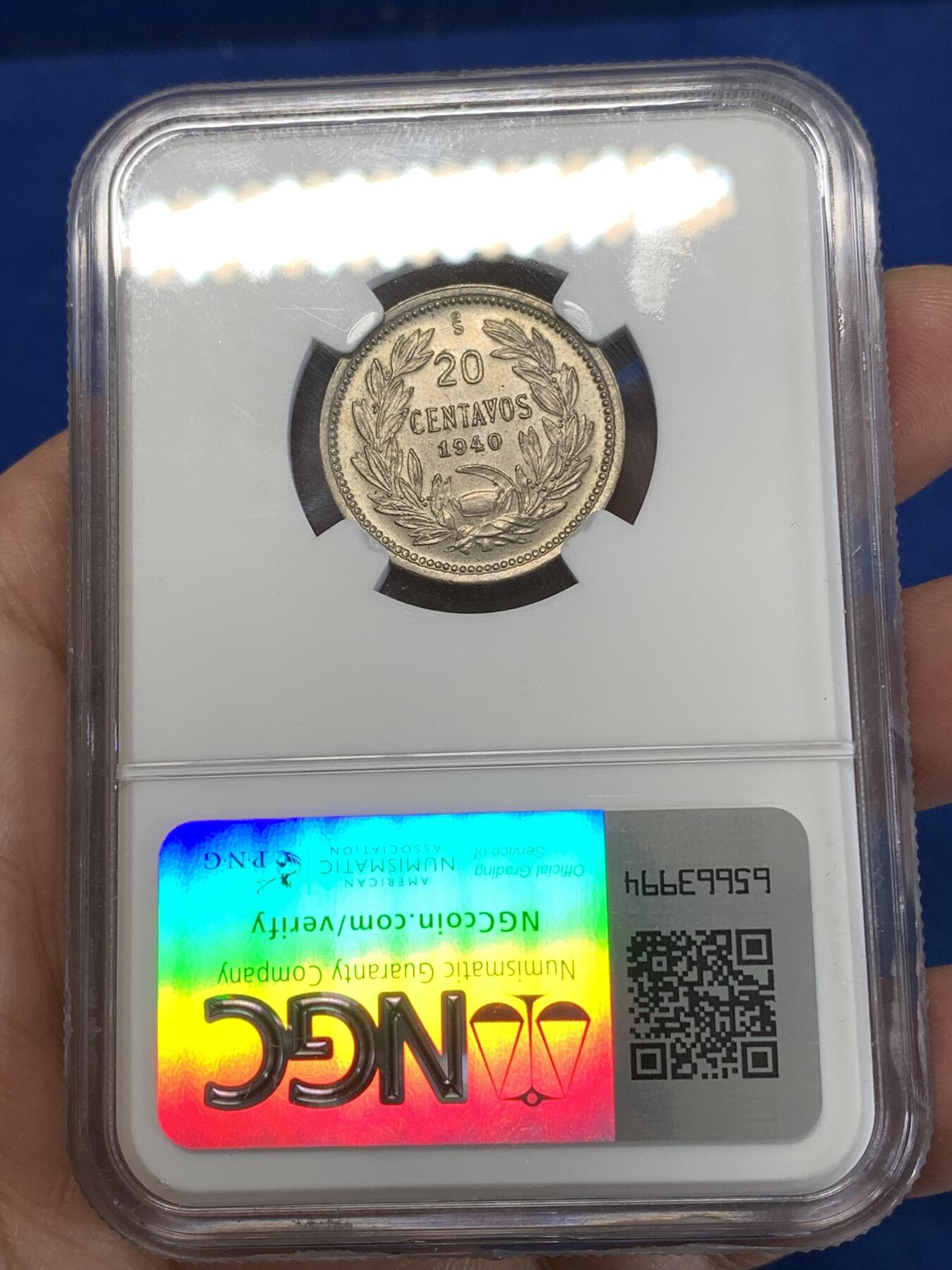 《竞宝斋》第277场- 周日，周一 2场连拍 （全场包邮） NGC MS63 1940智利20分 智利早期辅币挺少见的