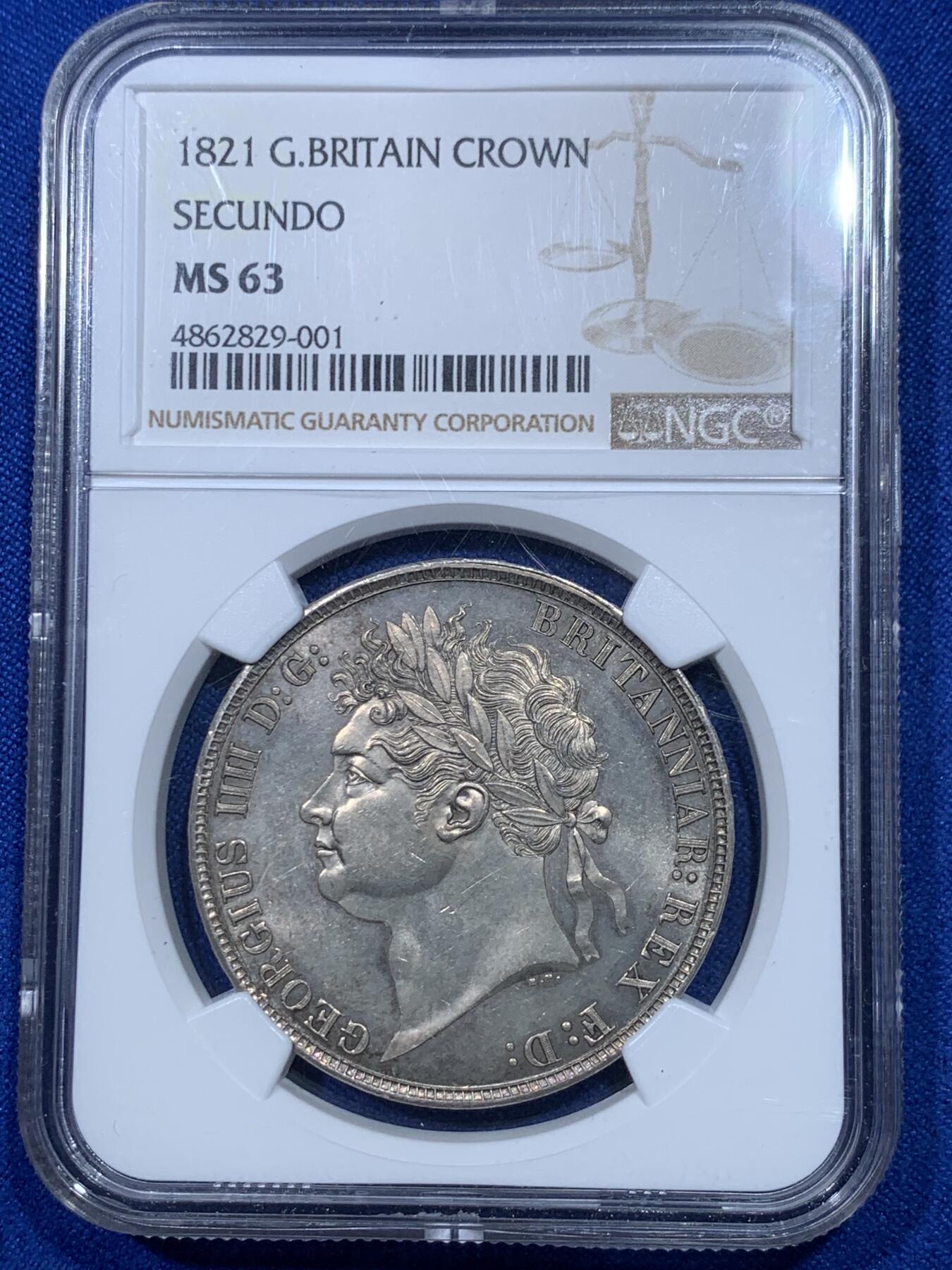 《竞宝斋》第277场- 周日，周一 2场连拍 （全场包邮） NGC MS63 英国1821年SECUNDO版乔四马剑克朗 完美PL镜面底板 背面紫金包浆