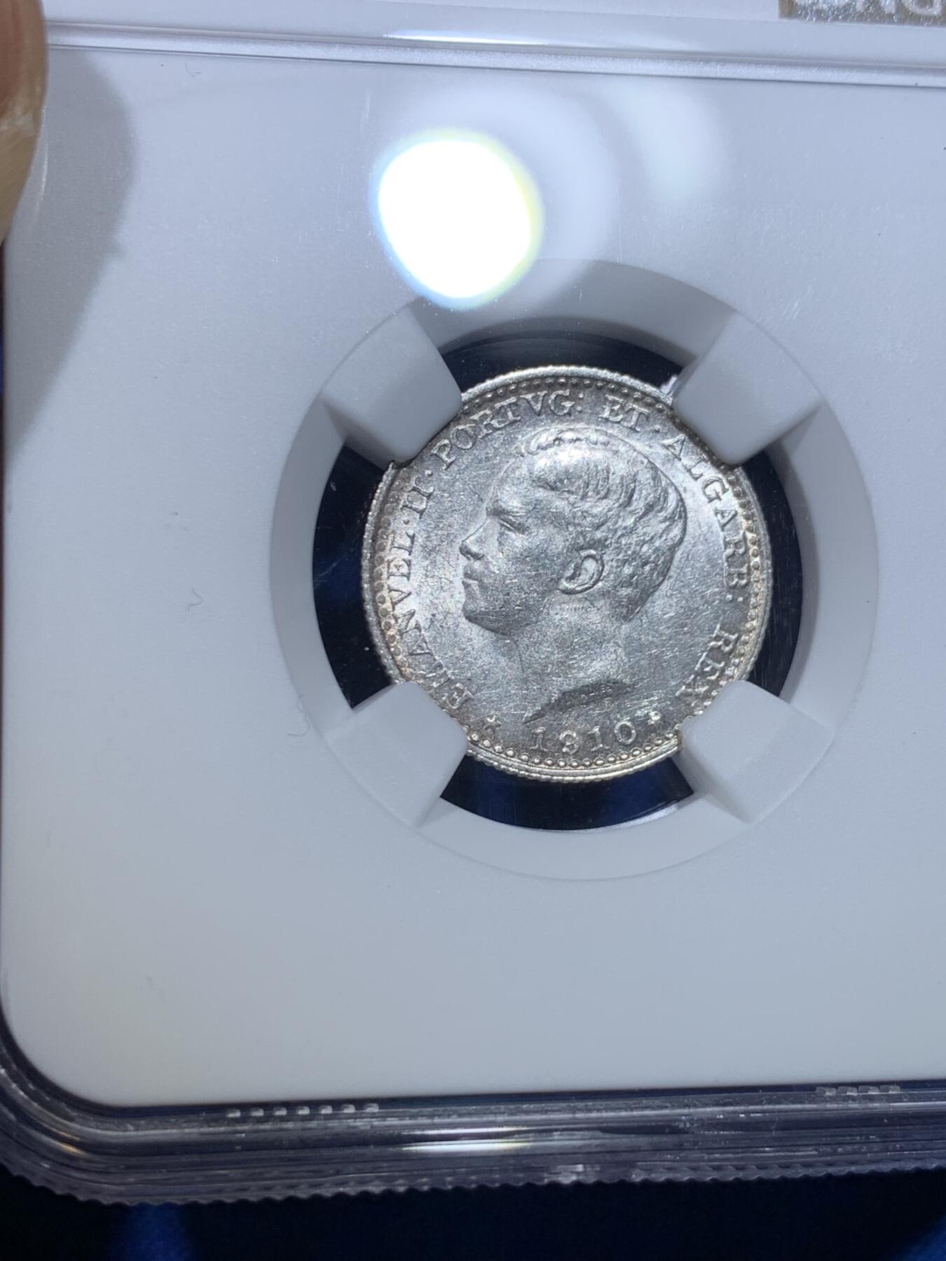 《竞宝斋》第277场- 周日，周一 2场连拍 （全场包邮） NGC MS62 葡萄牙1910年曼努埃尔二世100瑞斯银币