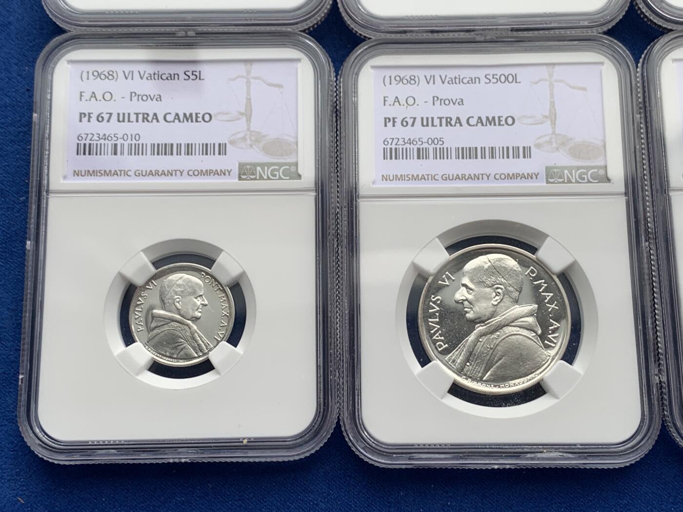 《竞宝斋》第277场- 周日，周一 2场连拍 （全场包邮） NGC PF65-67UC 梵蒂冈1968PROVA精制银样币 罗马造币厂，克书记载103套，实际难得一见。（2023年8月HA成交一套近似的1959年8枚套PROVA样币，成交价1920美金）。此套8枚全部评为深度镜面UC级，且全套冠军分，极品带原盒（有损）。附赠该样币对应的同年份BU级流通套（主币为银币），市场价值160元，相对少见。