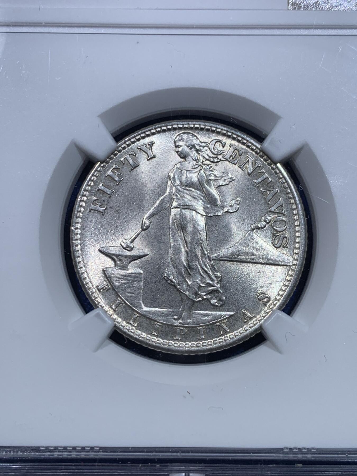 《竞宝斋》第277场- 周日，周一 2场连拍 （全场包邮） NGC MS62 菲律宾1945年S版50分打铁女神银币